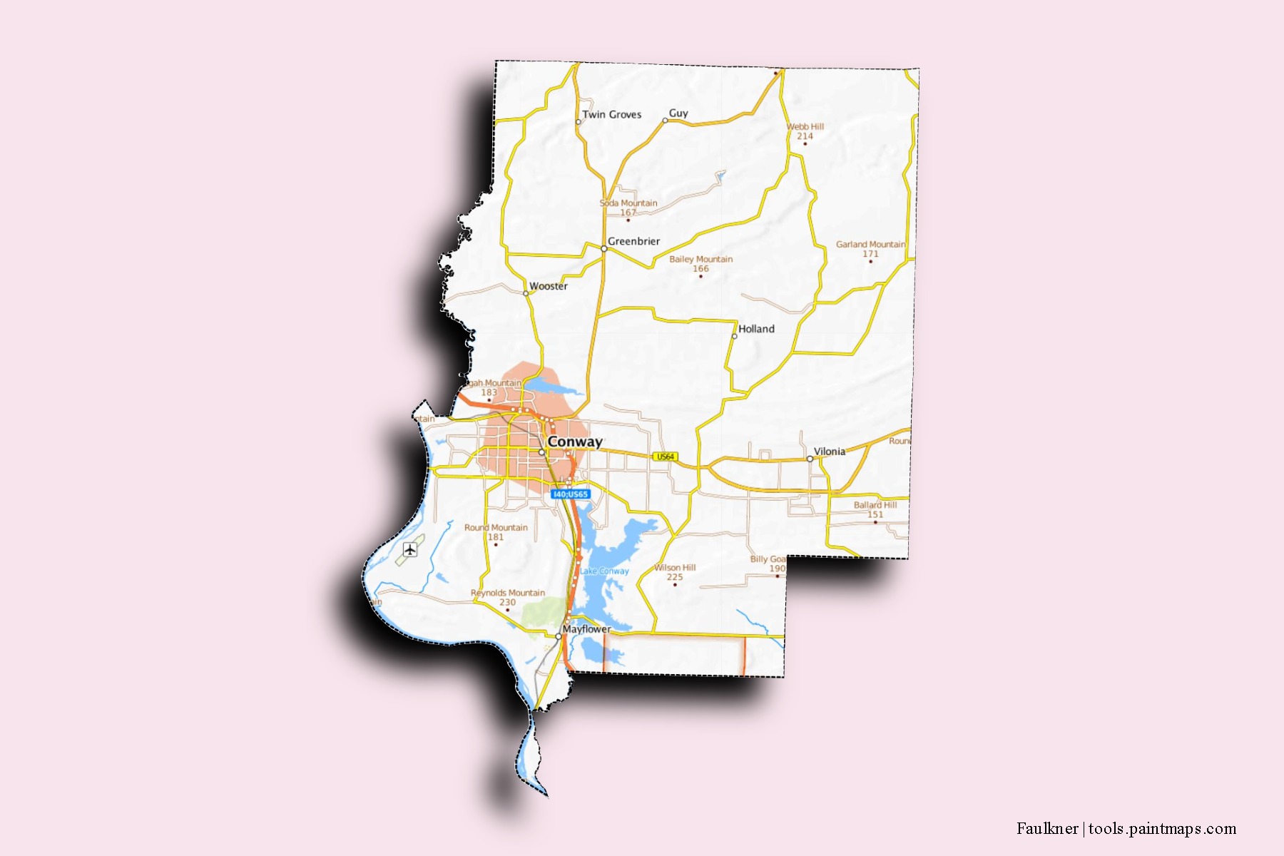 Faulkner neighborhoods and villages map with 3D shadow effect