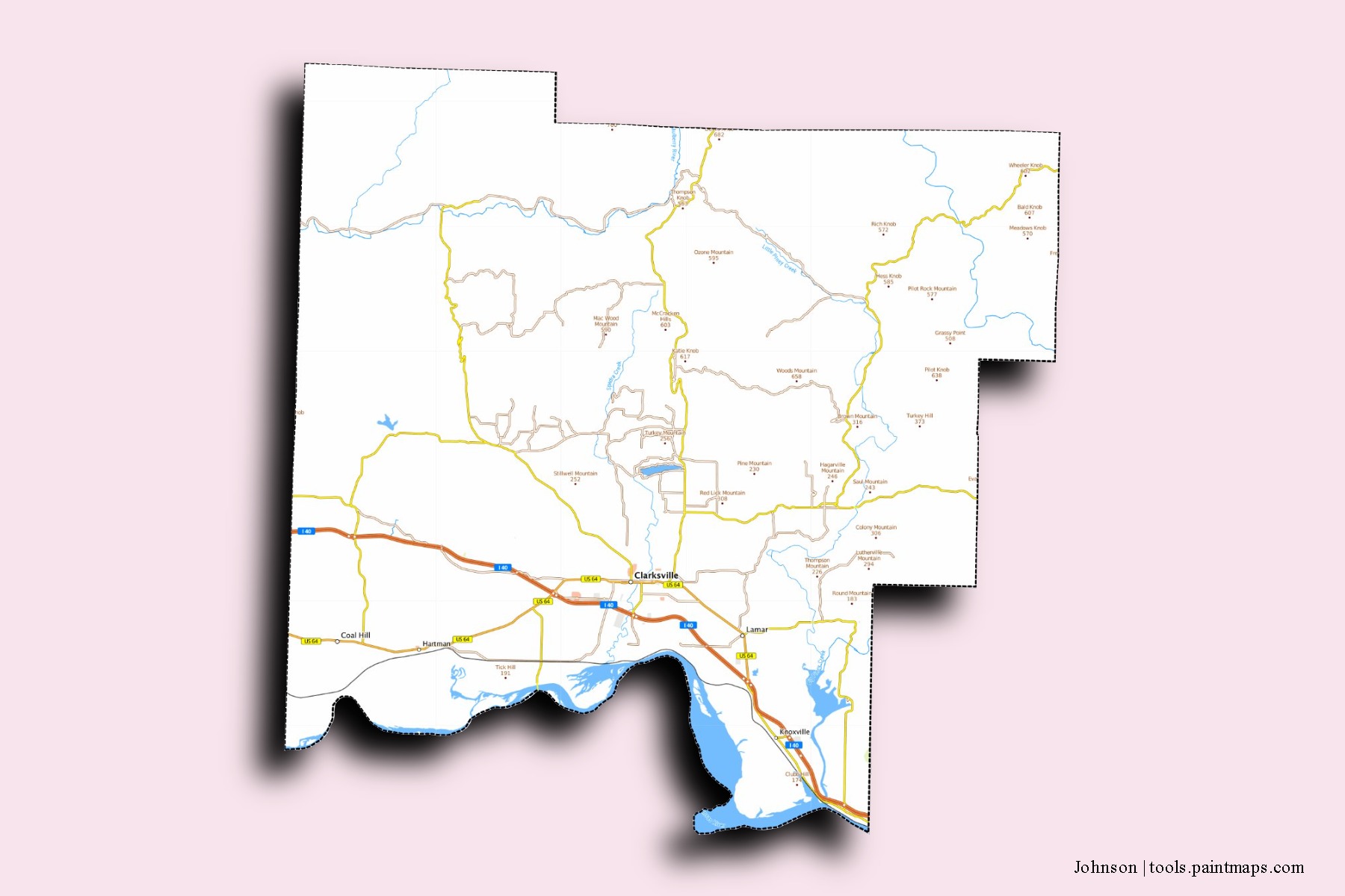 Johnson neighborhoods and villages map with 3D shadow effect