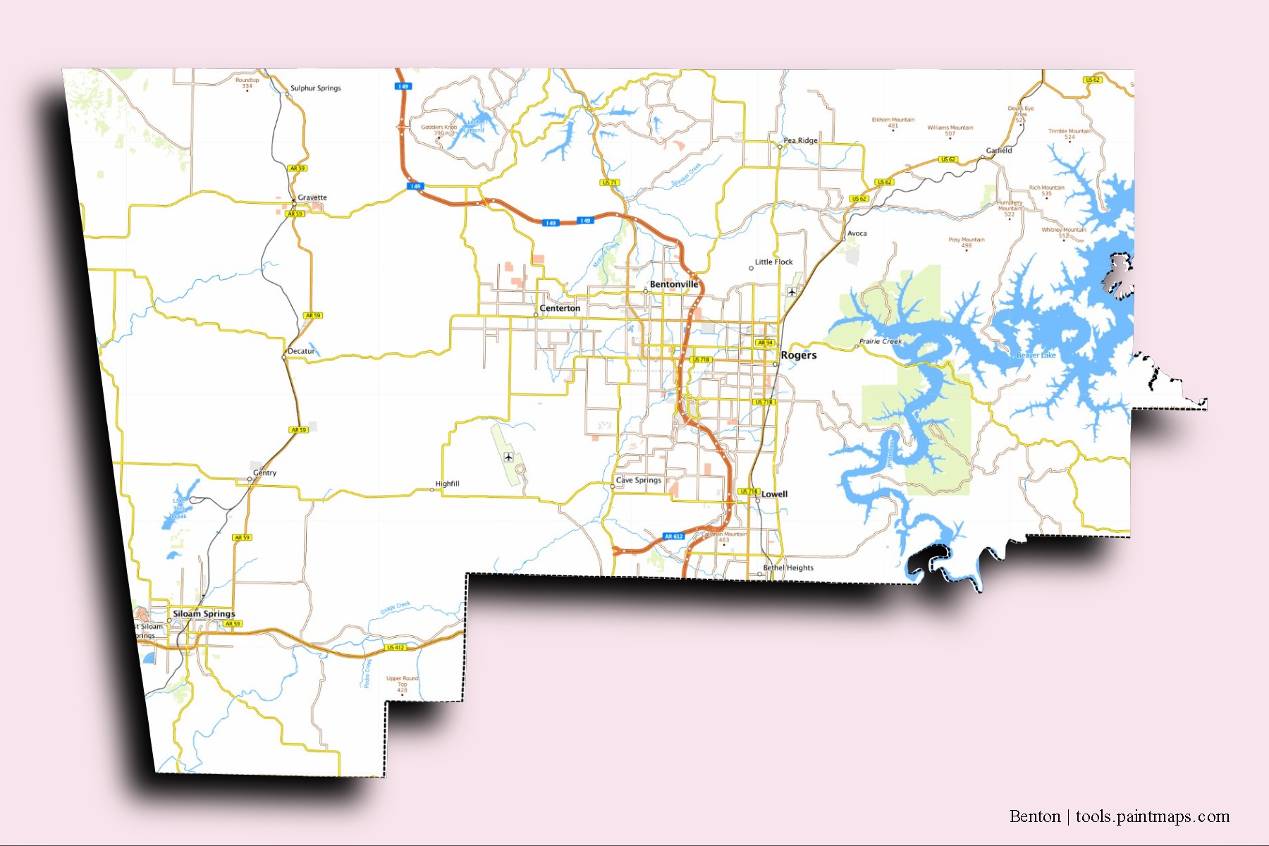 Benton neighborhoods and villages map with 3D shadow effect