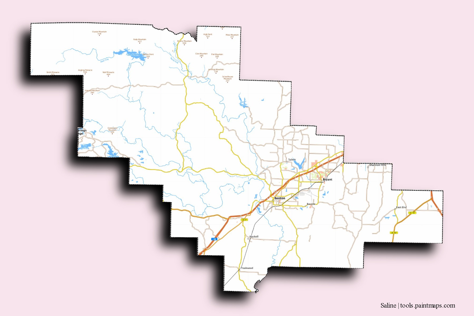 Saline neighborhoods and villages map with 3D shadow effect