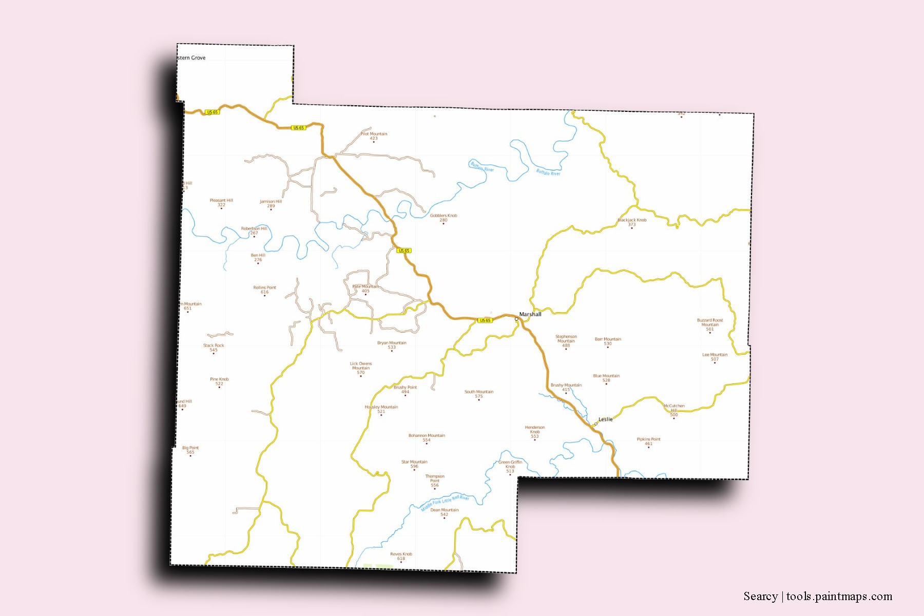 Searcy neighborhoods and villages map with 3D shadow effect