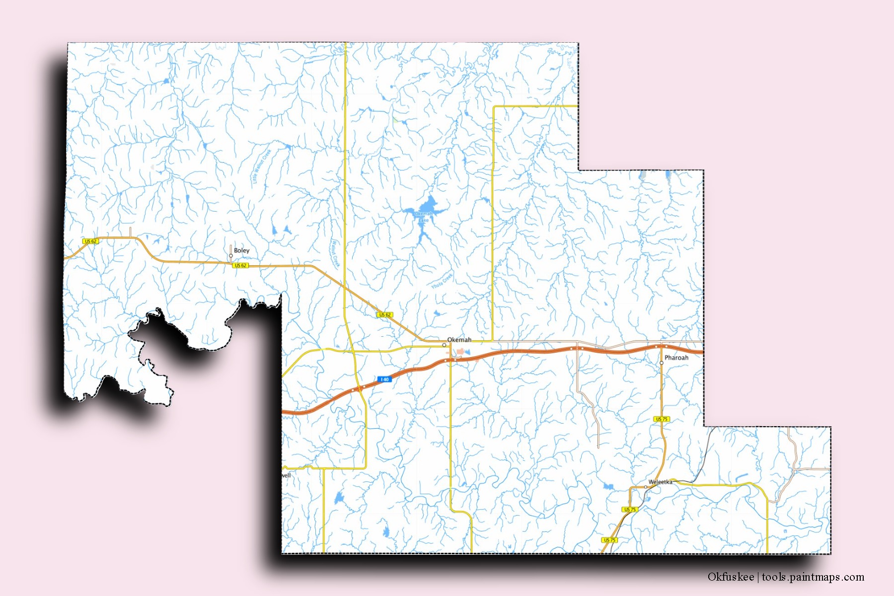 Mapa de barrios y pueblos de Okfuskee con efecto de sombra 3D