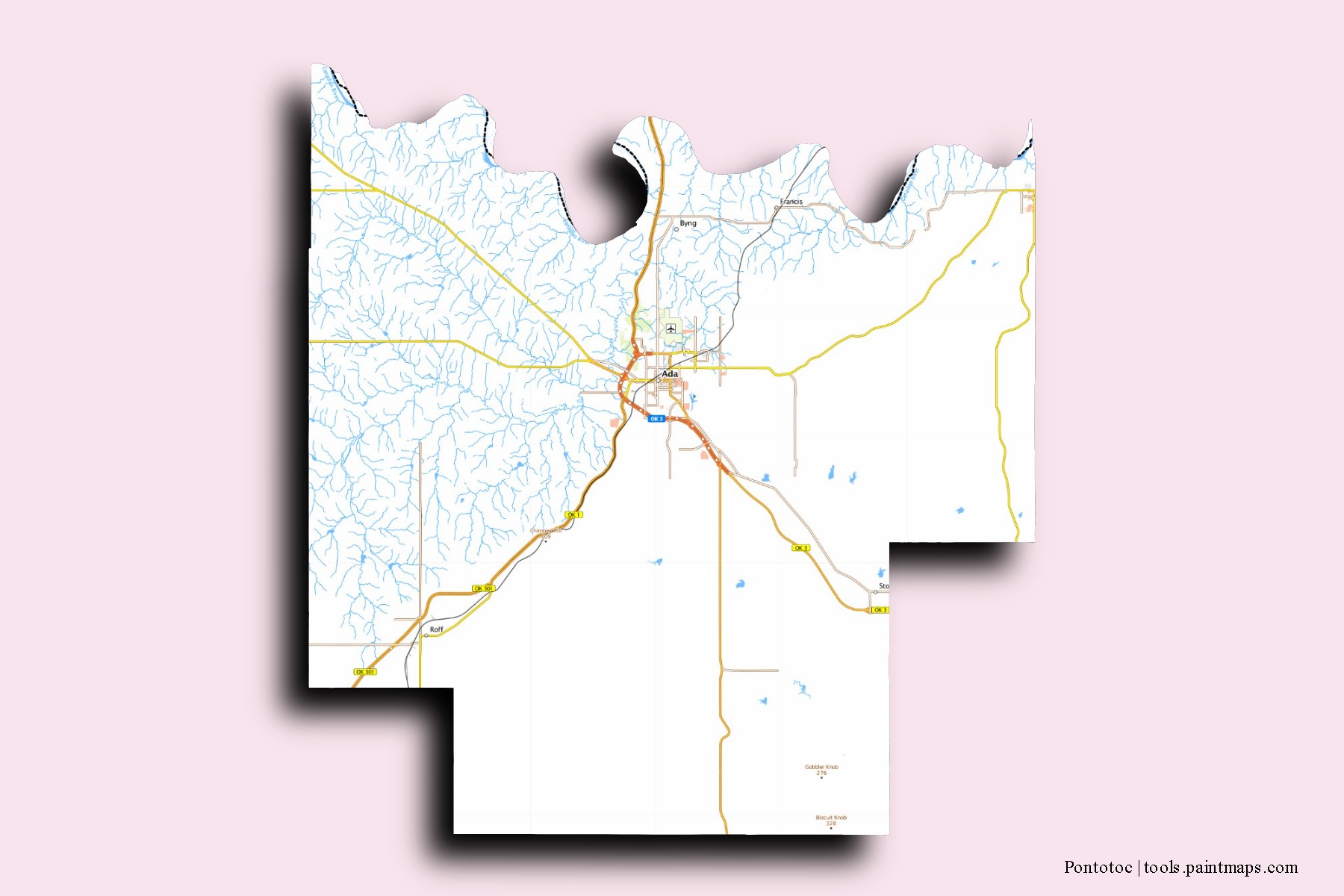 Mapa de barrios y pueblos de Pontotoc con efecto de sombra 3D