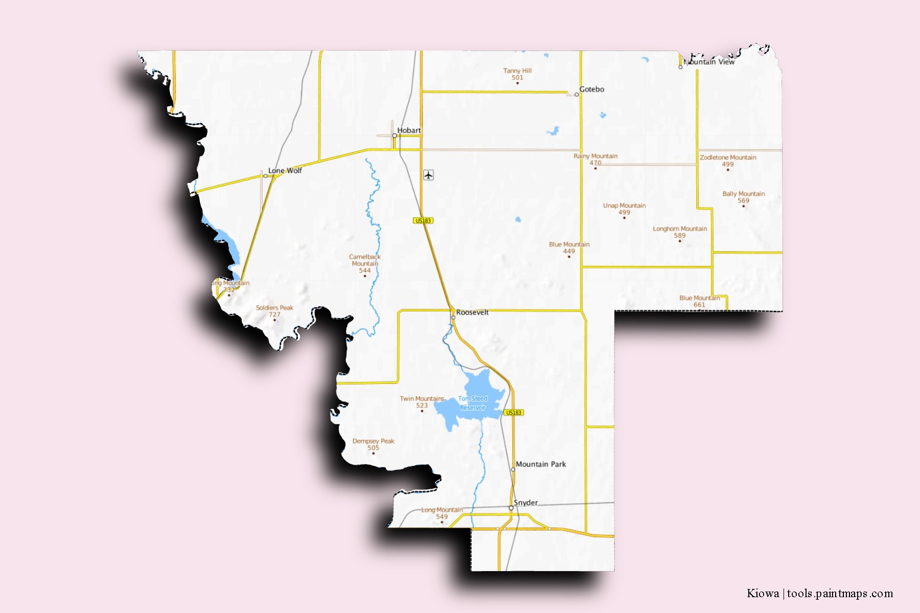 Kiowa neighborhoods and villages map with 3D shadow effect