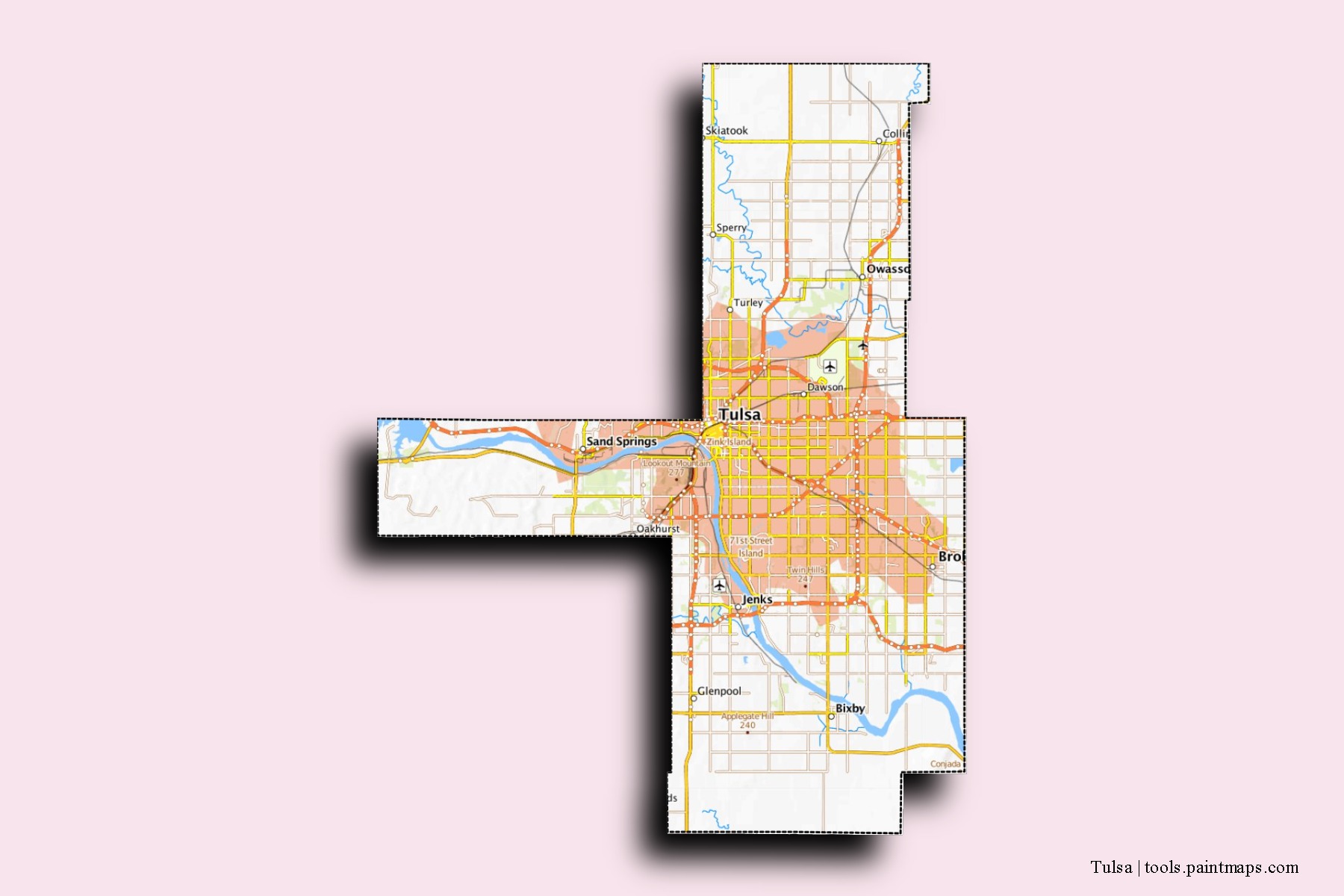 3D gölge efektli Tulsa County mahalleleri ve köyleri haritası