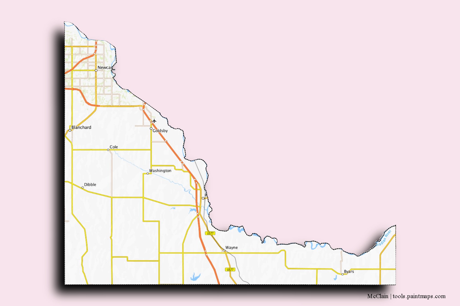 Mapa de barrios y pueblos de McClain con efecto de sombra 3D