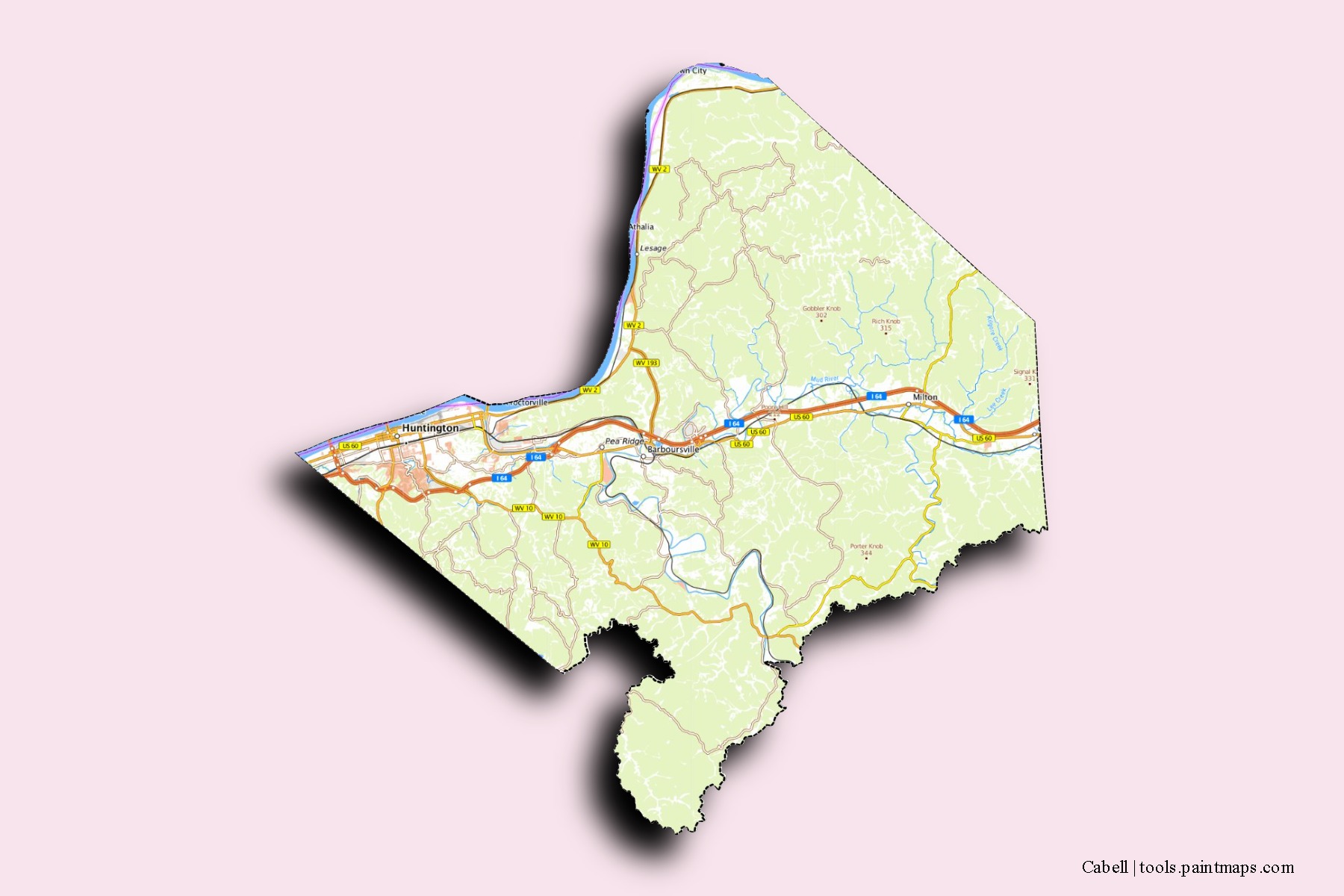 Mapa de barrios y pueblos de Cabell con efecto de sombra 3D