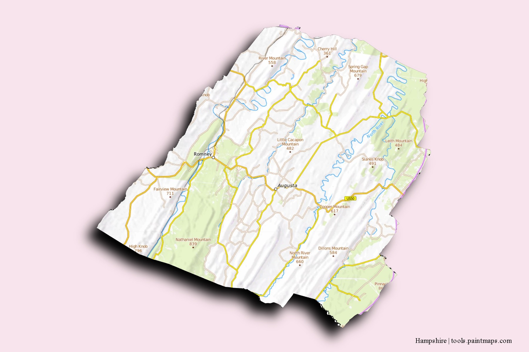 Mapa de barrios y pueblos de Hampshire con efecto de sombra 3D