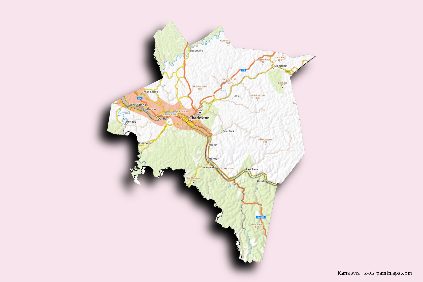 Mapa de barrios y pueblos de Kanawha con efecto de sombra 3D