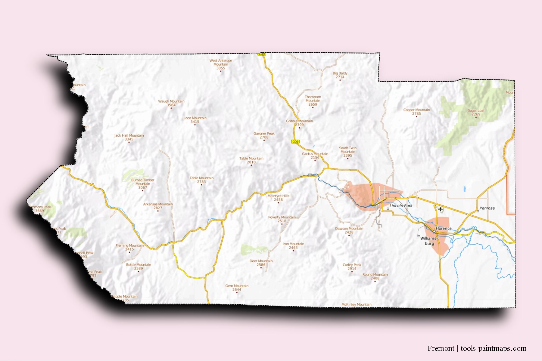 Fremont neighborhoods and villages map with 3D shadow effect