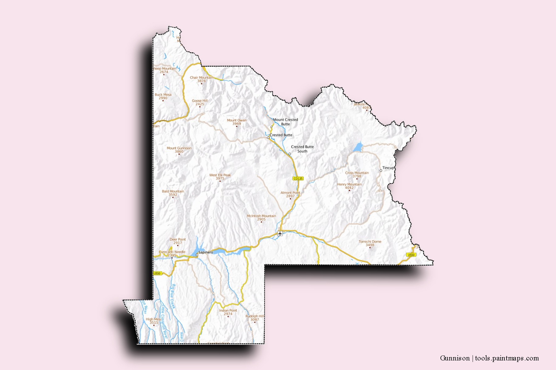 Gunnison neighborhoods and villages map with 3D shadow effect