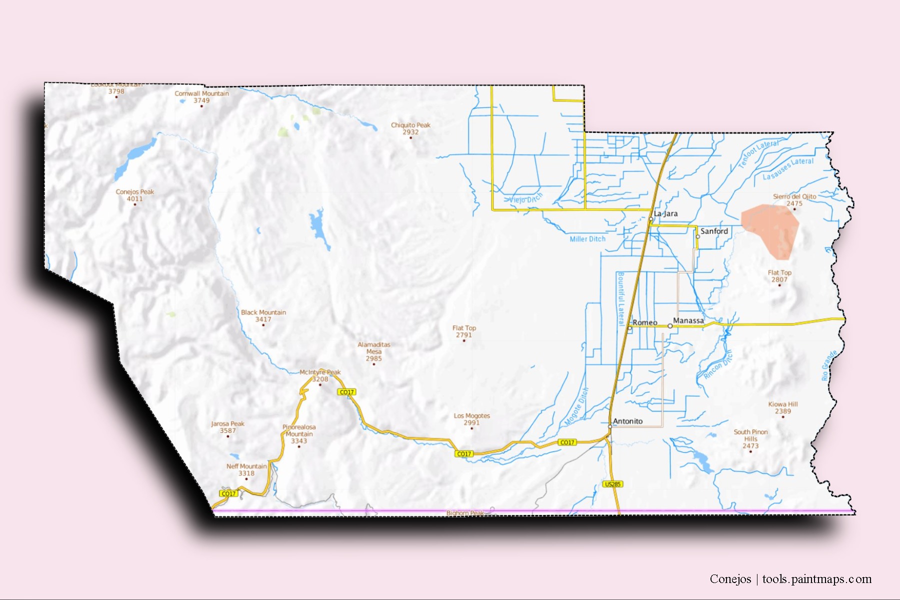 Conejos neighborhoods and villages map with 3D shadow effect