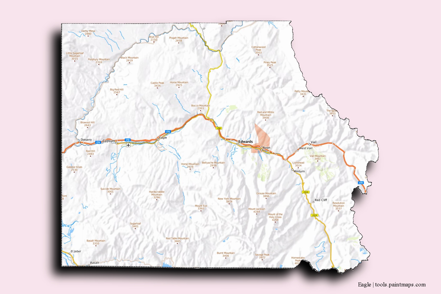 Mapa de barrios y pueblos de Eagle con efecto de sombra 3D