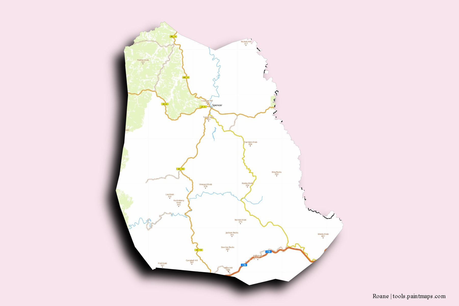 Mapa de barrios y pueblos de Roane con efecto de sombra 3D