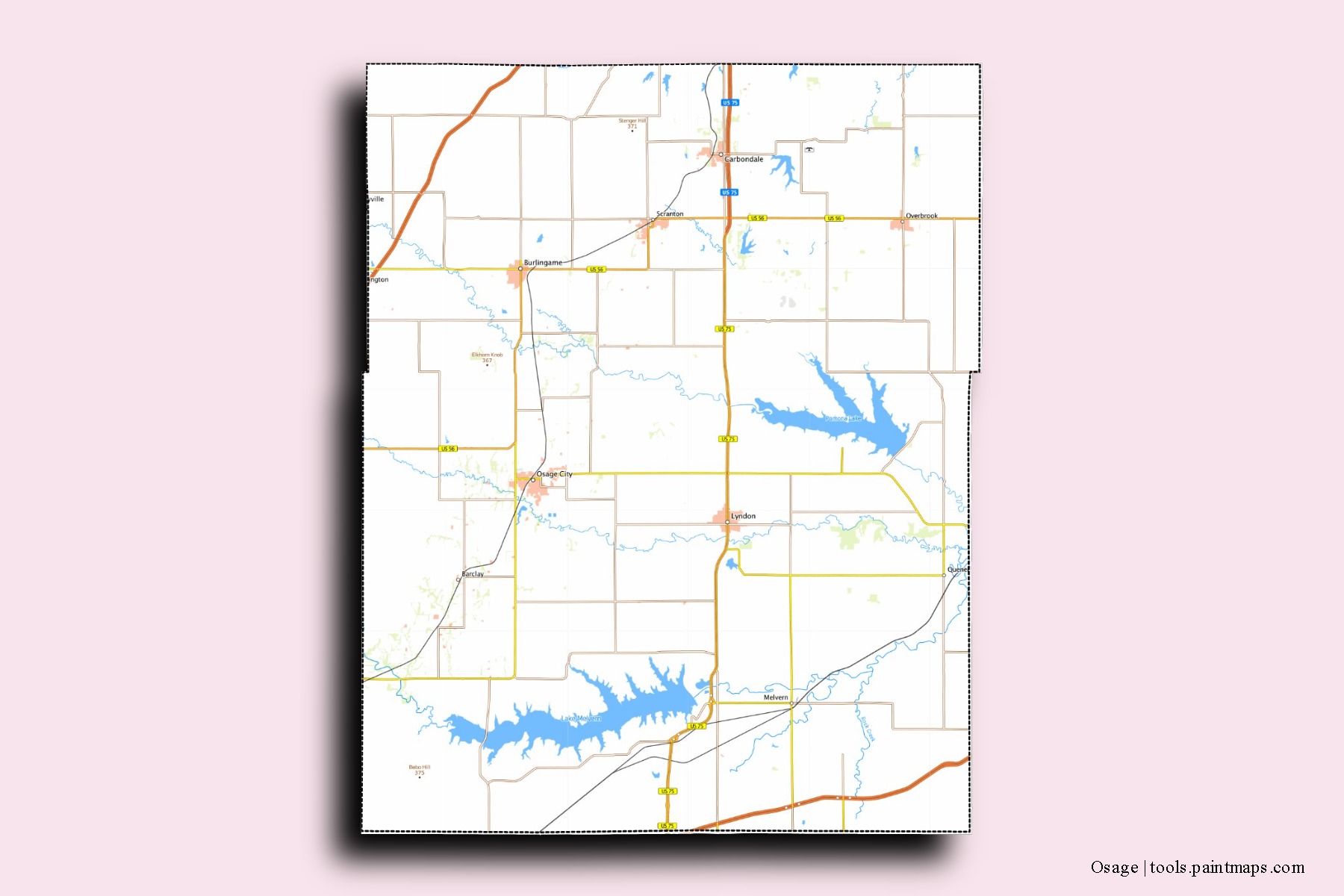 Osage neighborhoods and villages map with 3D shadow effect