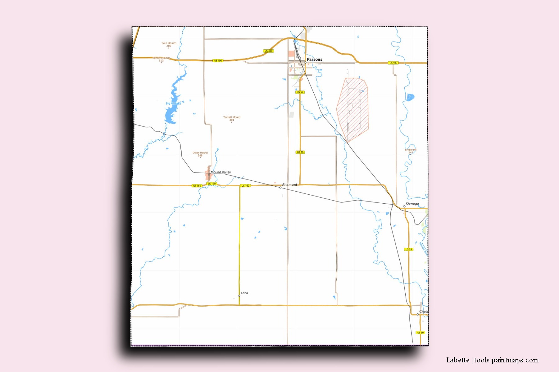 Labette neighborhoods and villages map with 3D shadow effect