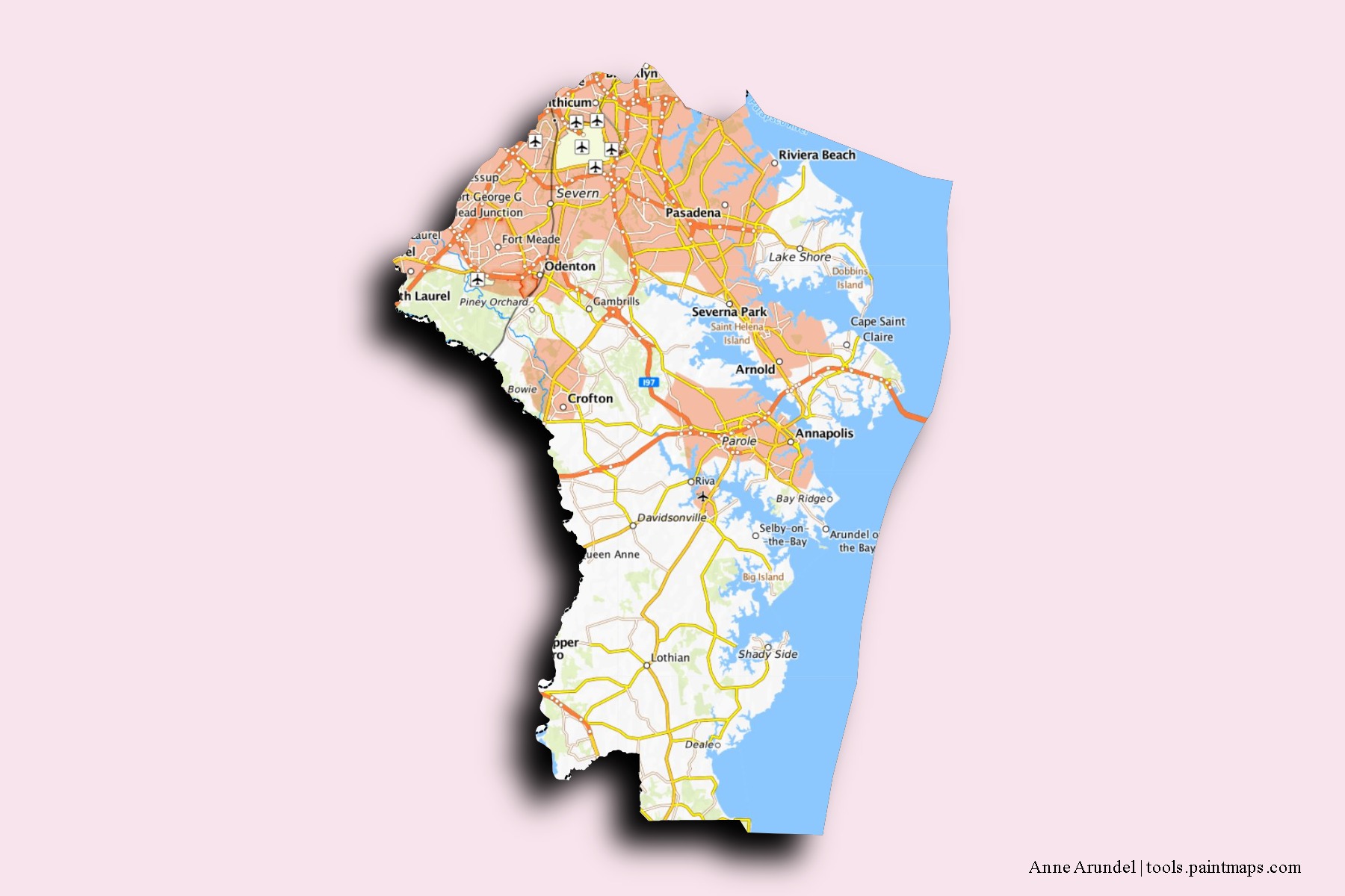 Mapa de barrios y pueblos de Anne Arundel con efecto de sombra 3D