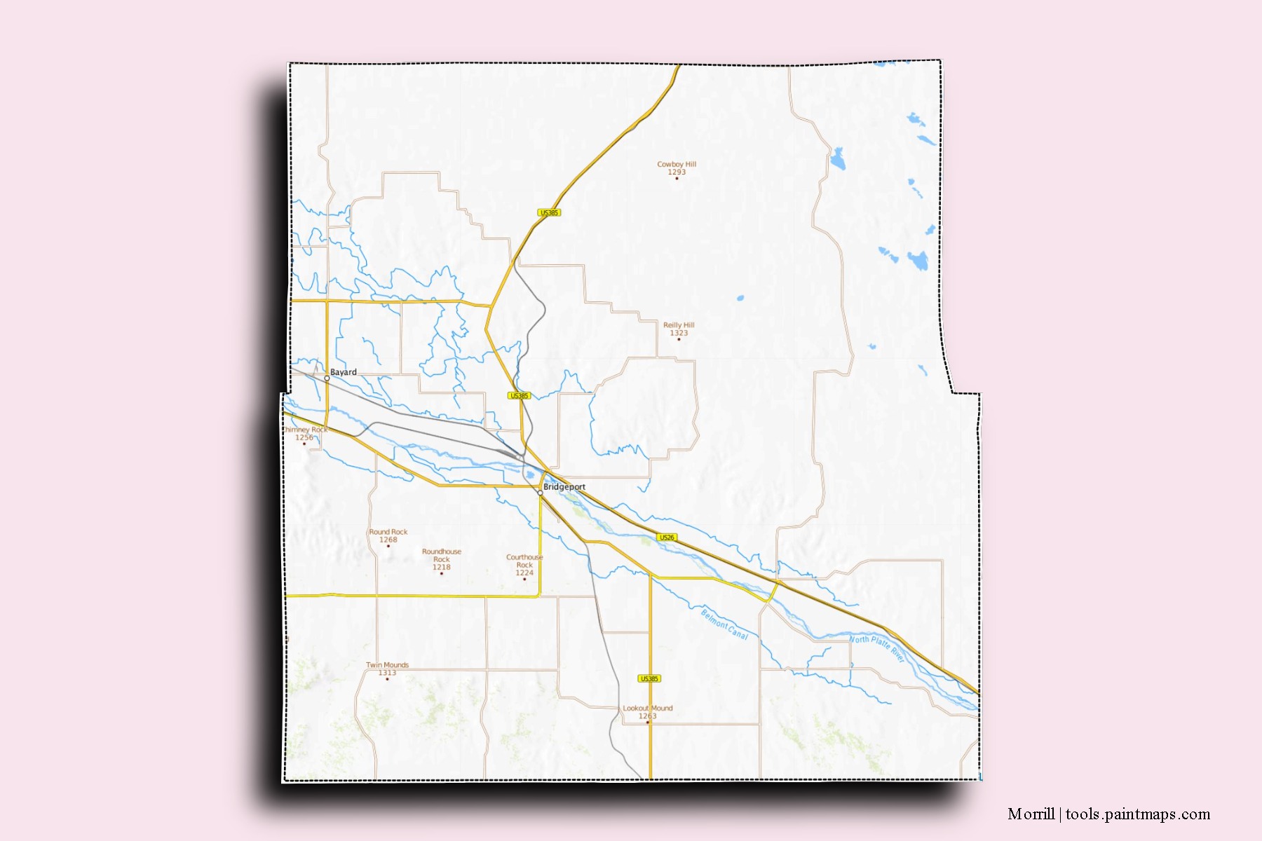 Morrill neighborhoods and villages map with 3D shadow effect