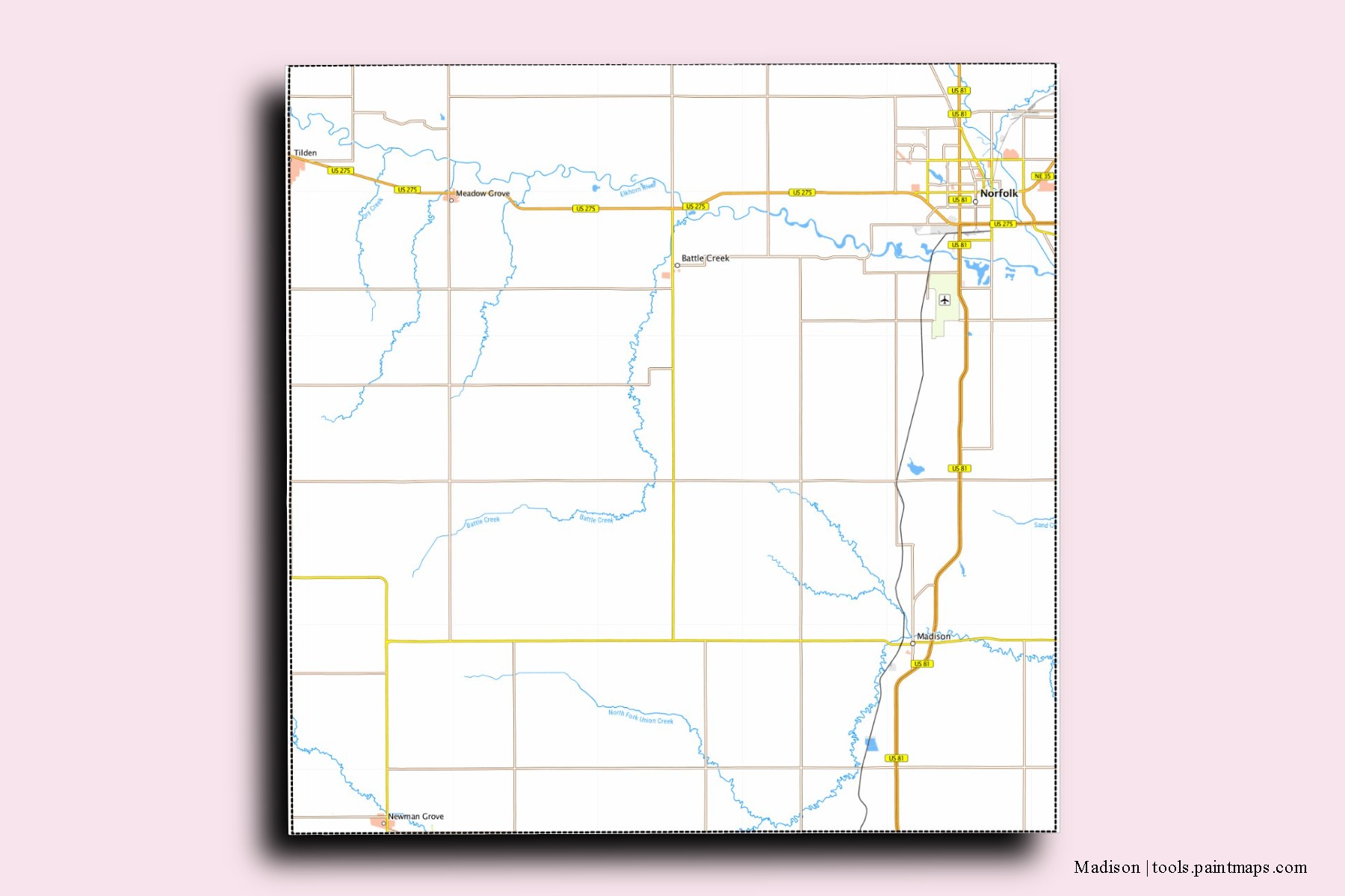 Madison neighborhoods and villages map with 3D shadow effect