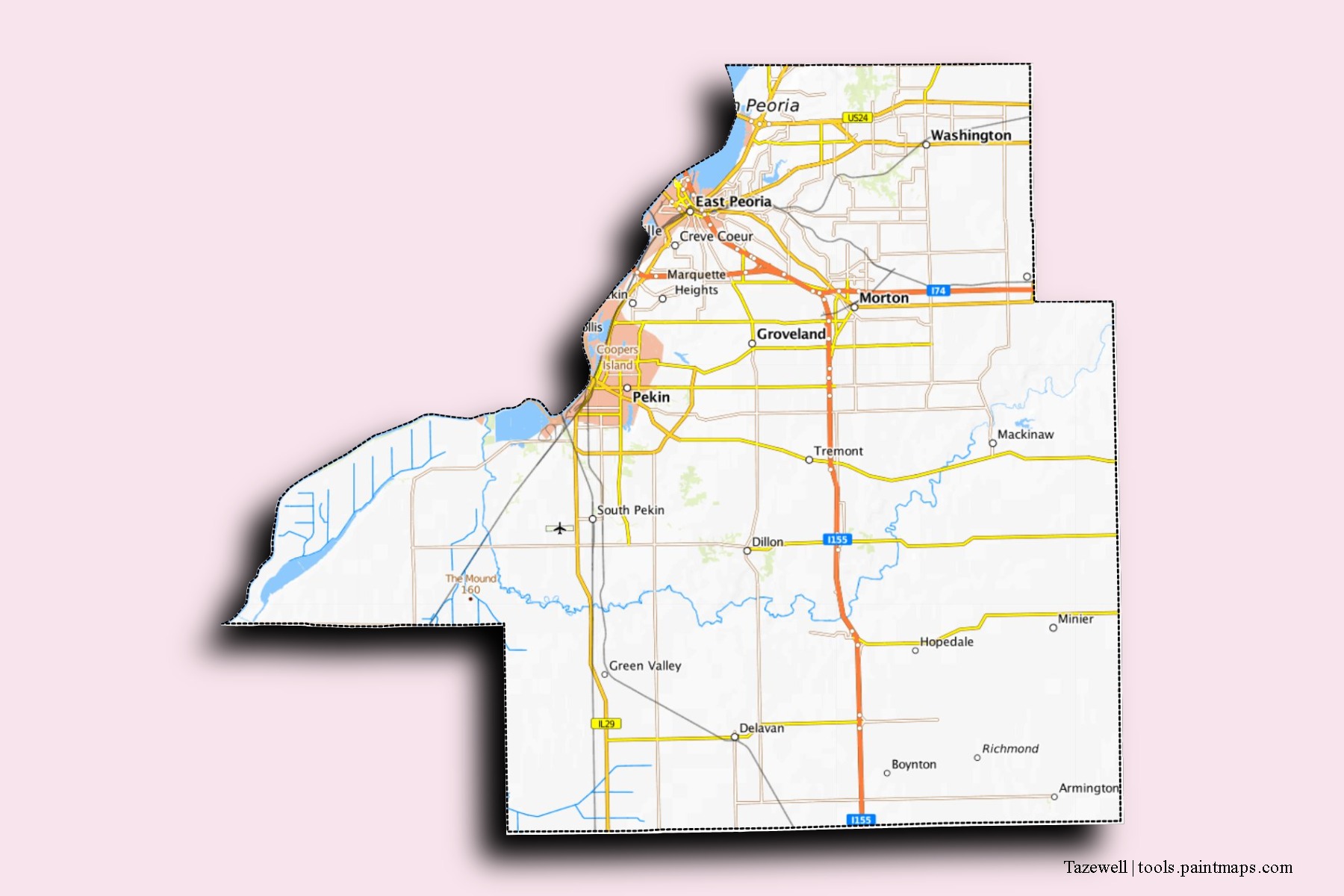 Tazewell neighborhoods and villages map with 3D shadow effect