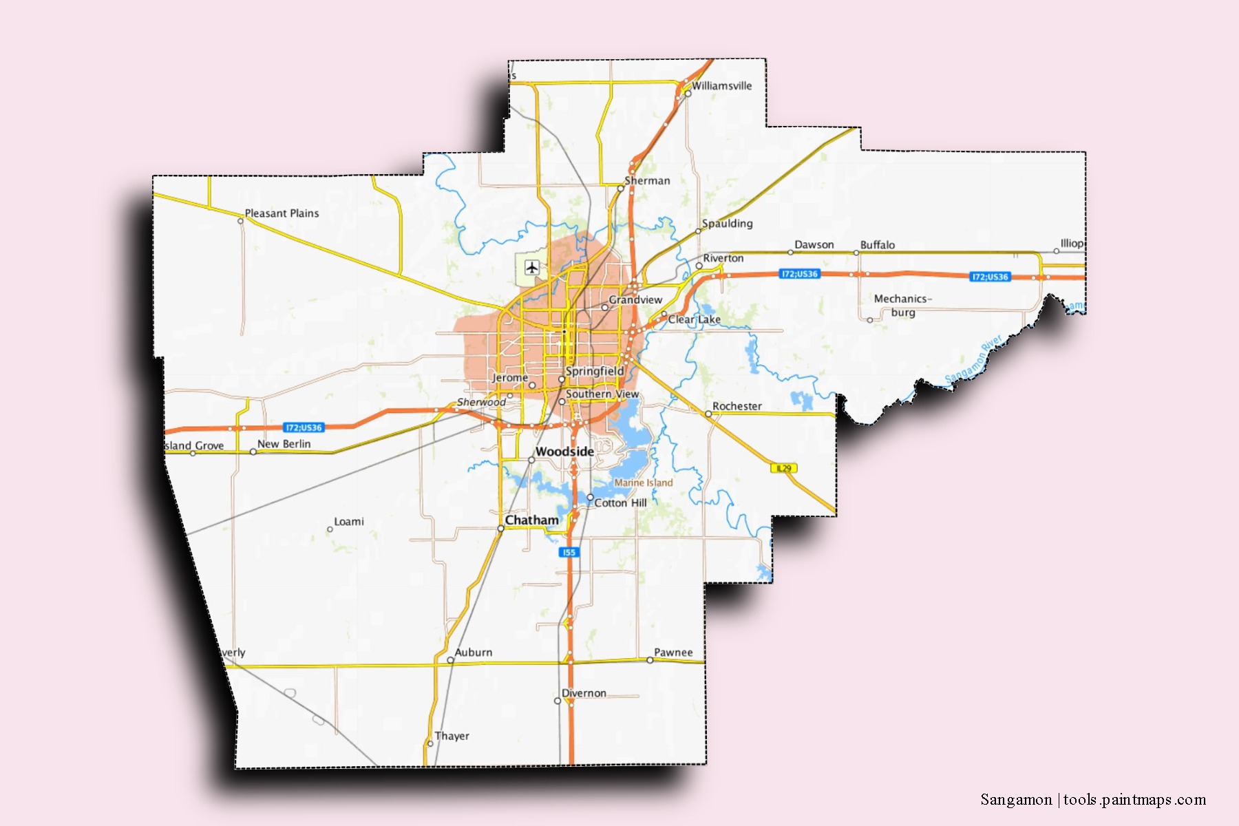 Sangamon neighborhoods and villages map with 3D shadow effect