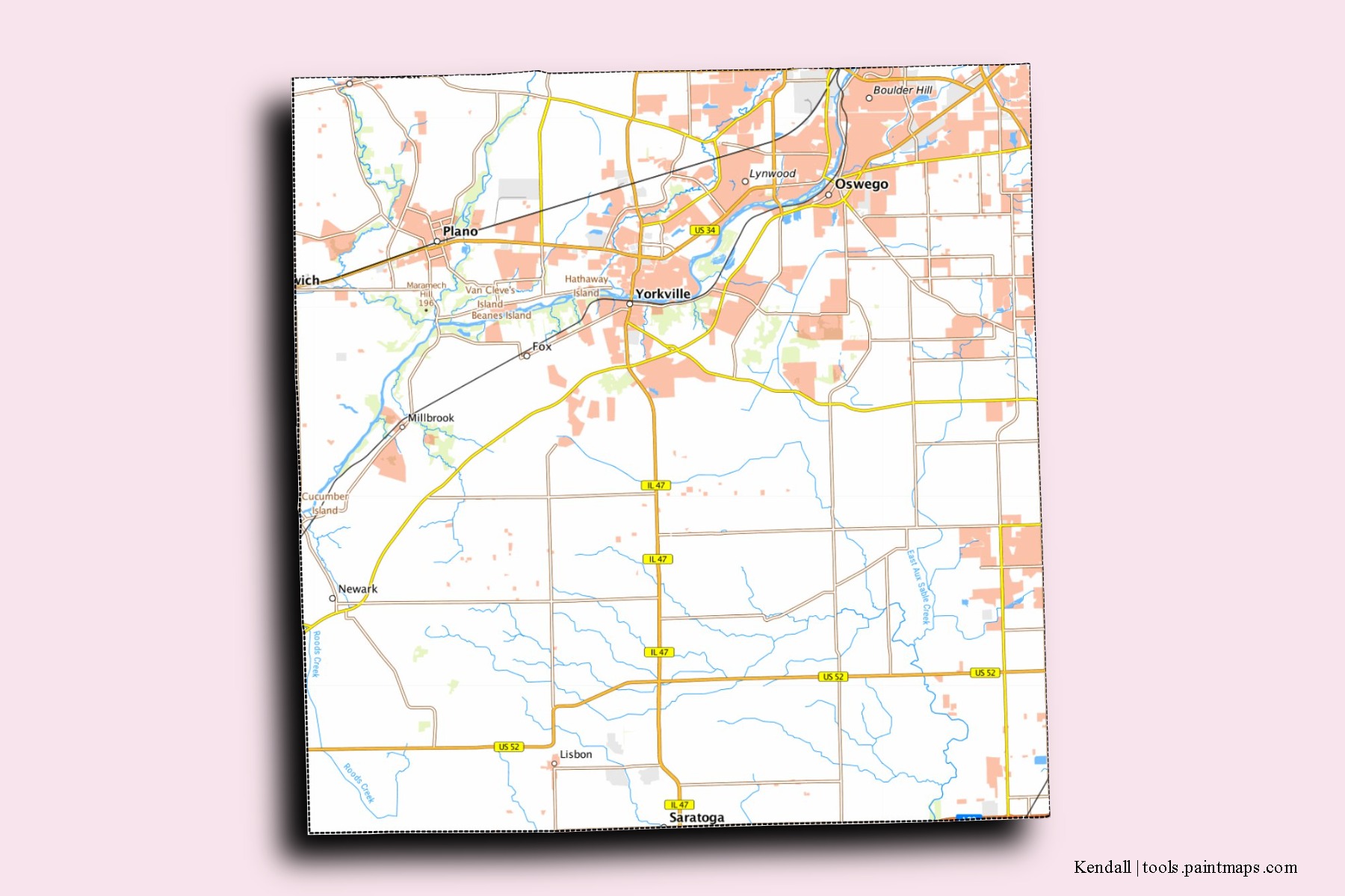 Mapa de barrios y pueblos de Kendall con efecto de sombra 3D