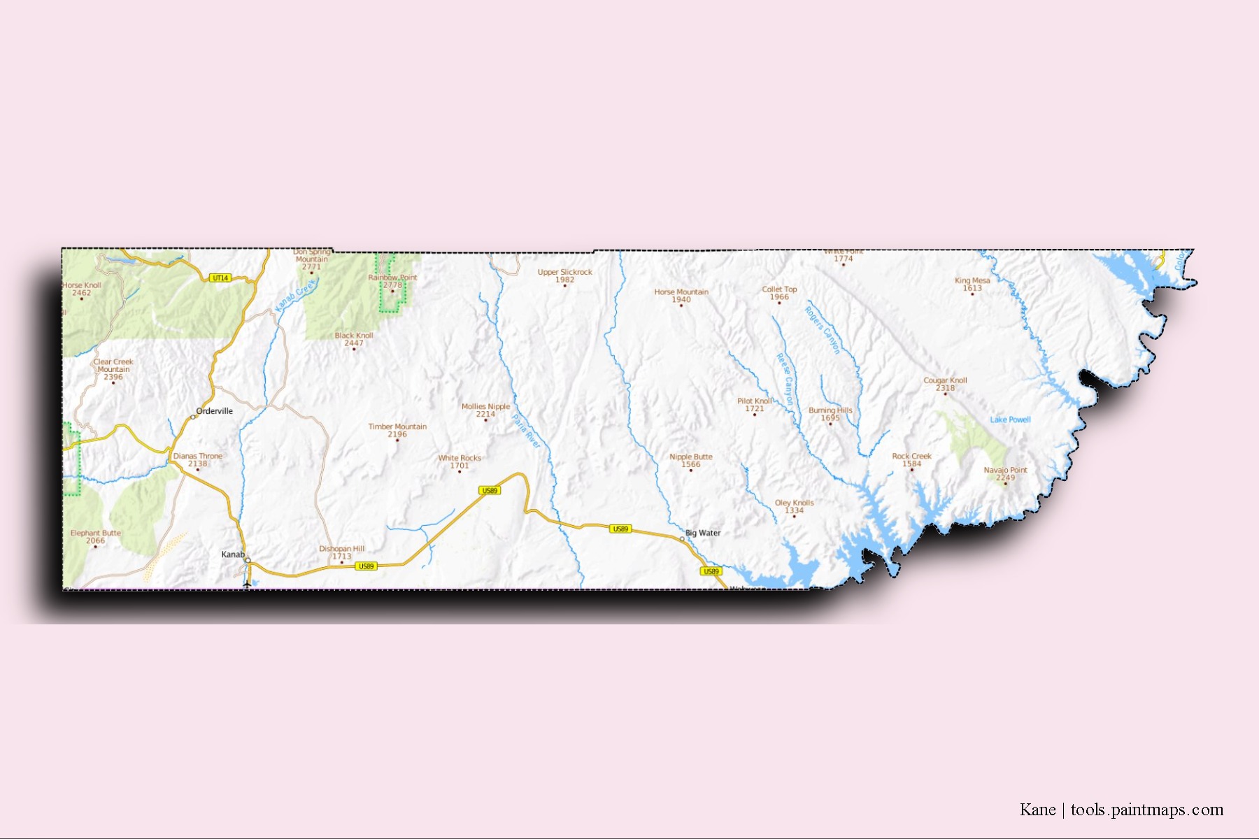 Mapa de barrios y pueblos de Kane con efecto de sombra 3D