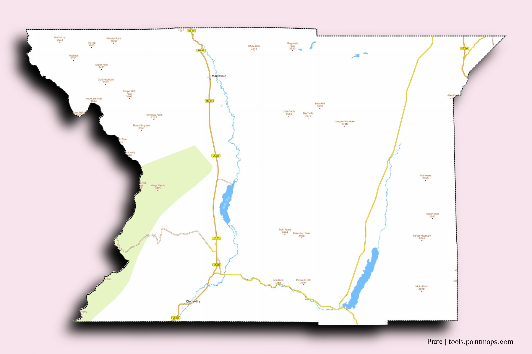 Mapa de barrios y pueblos de Piute con efecto de sombra 3D