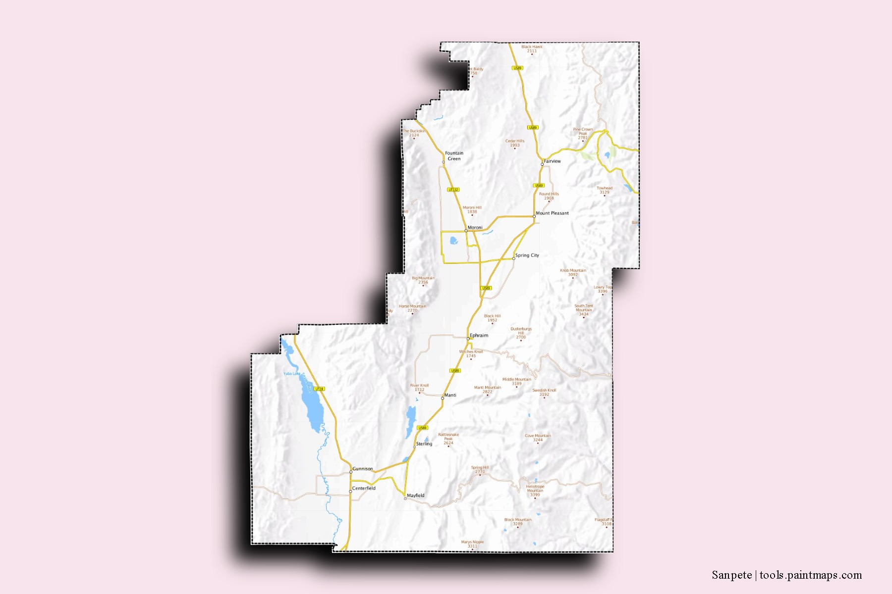 Mapa de barrios y pueblos de Sanpete con efecto de sombra 3D