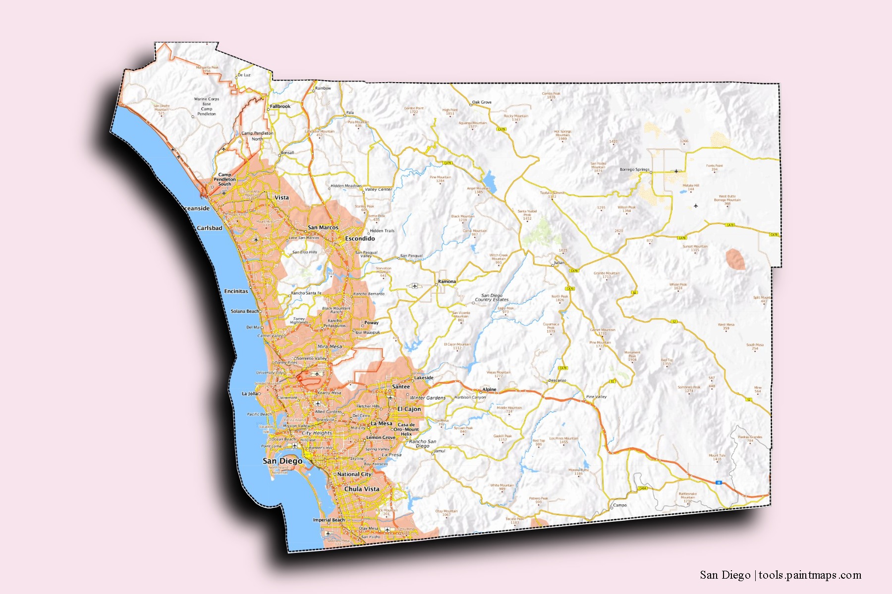 3D gölge efektli San Diego County mahalleleri ve köyleri haritası