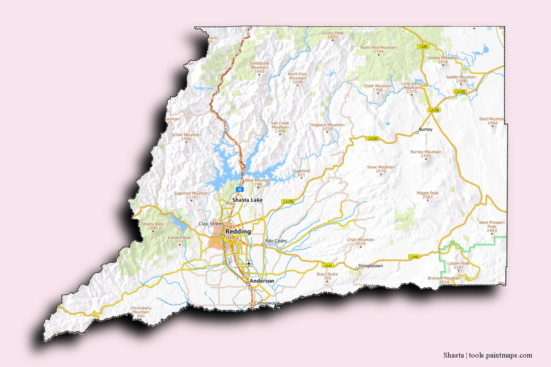 Mapa de barrios y pueblos de Shasta con efecto de sombra 3D