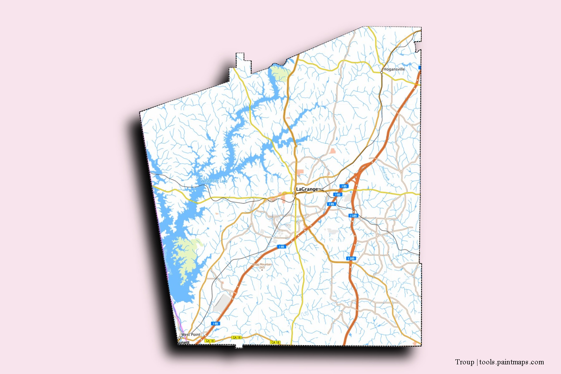 Troup neighborhoods and villages map with 3D shadow effect