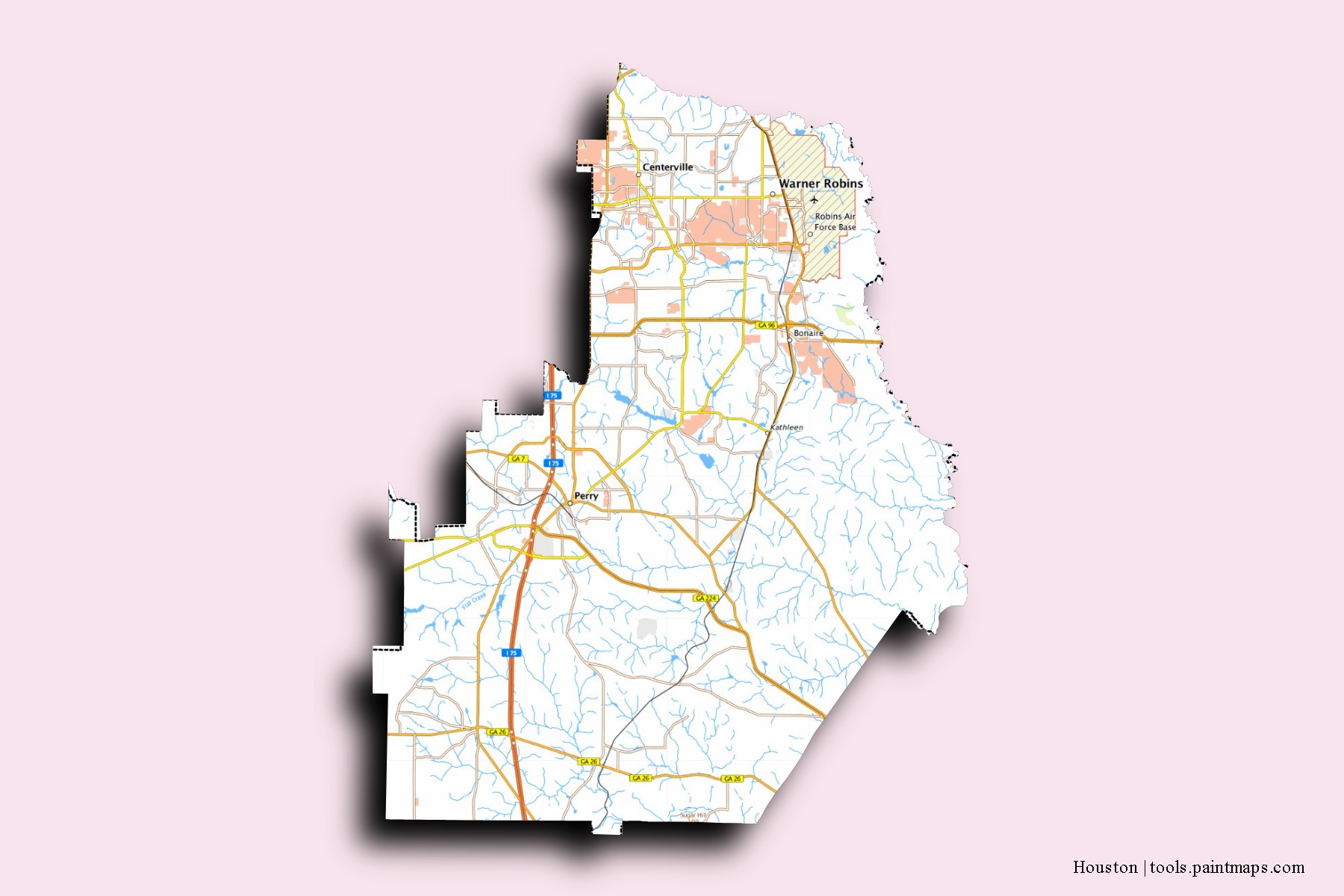 3D gölge efektli Houston County mahalleleri ve köyleri haritası