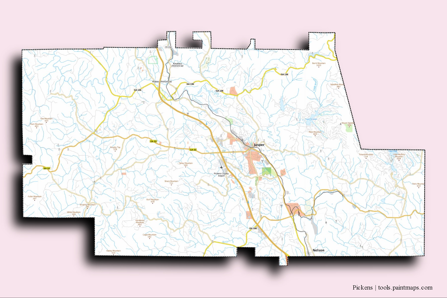 Pickens neighborhoods and villages map with 3D shadow effect