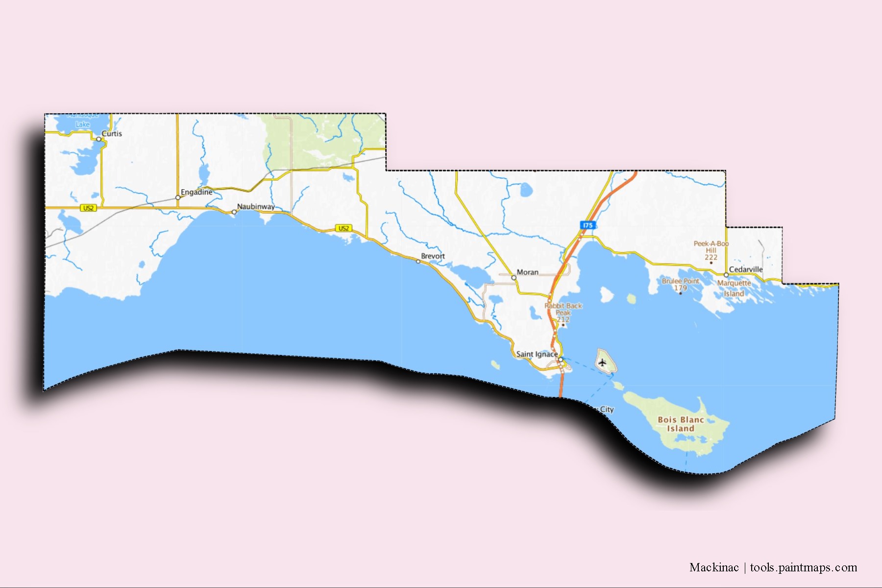 Mapa de barrios y pueblos de Mackinac con efecto de sombra 3D