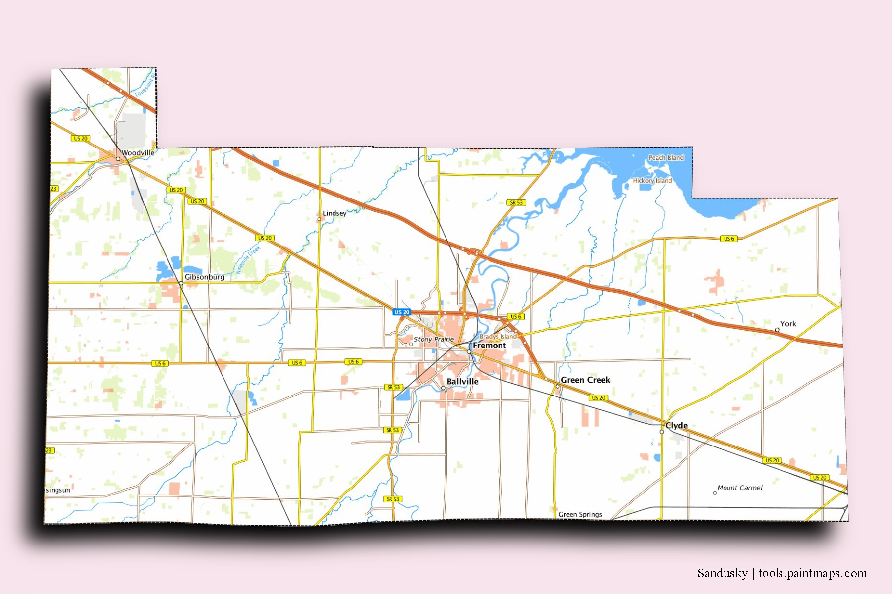 Sandusky neighborhoods and villages map with 3D shadow effect