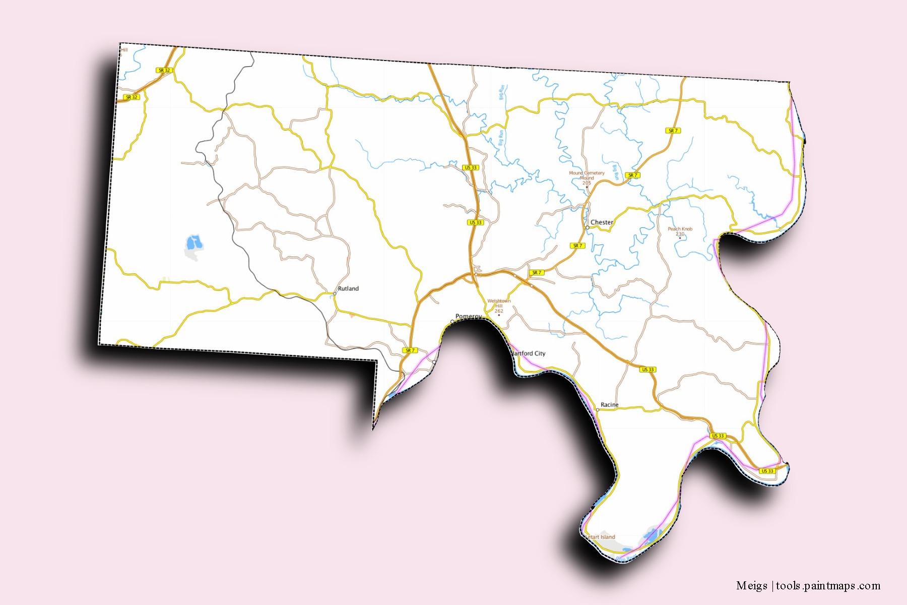 Meigs neighborhoods and villages map with 3D shadow effect