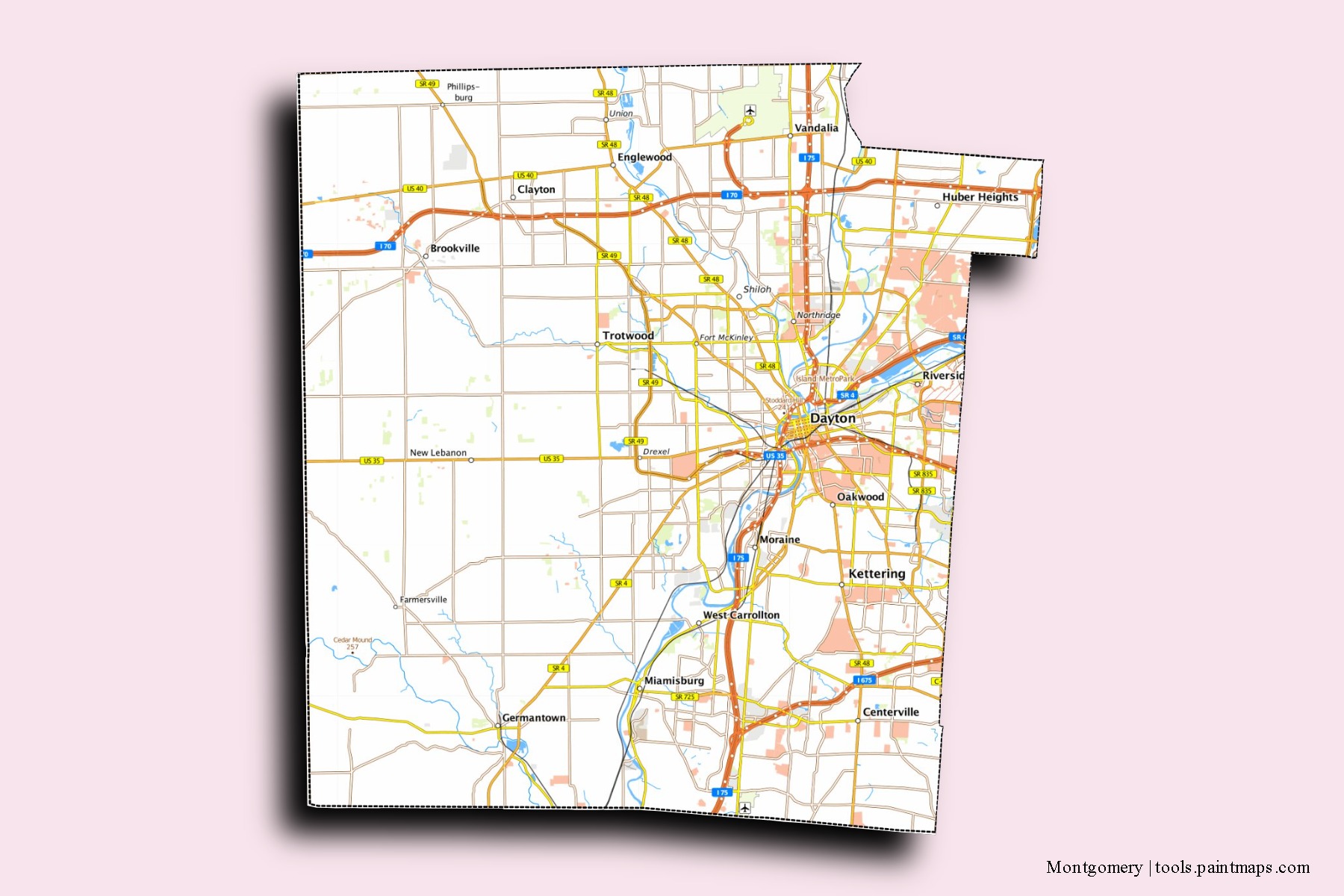 Montgomery neighborhoods and villages map with 3D shadow effect