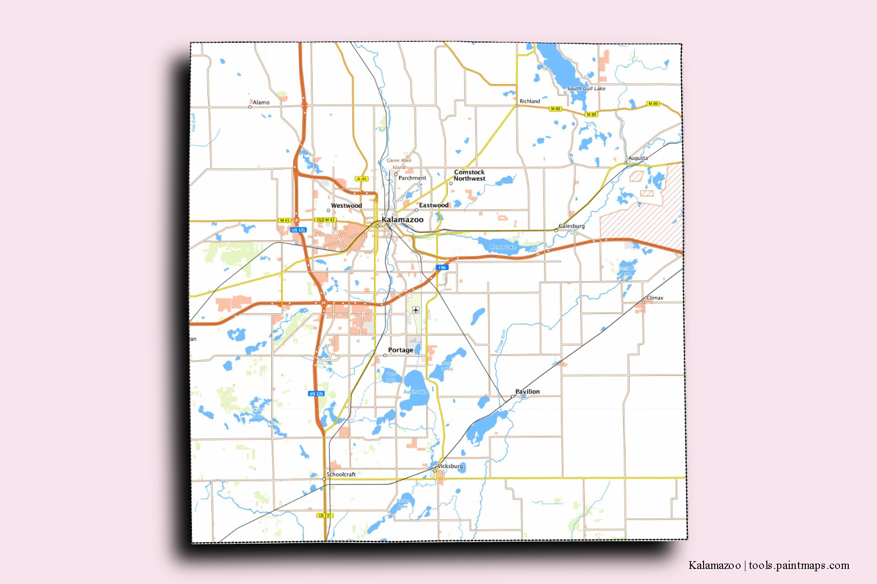 Kalamazoo neighborhoods and villages map with 3D shadow effect