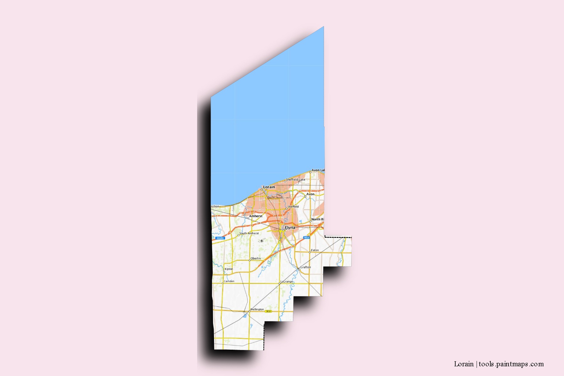 Lorain neighborhoods and villages map with 3D shadow effect