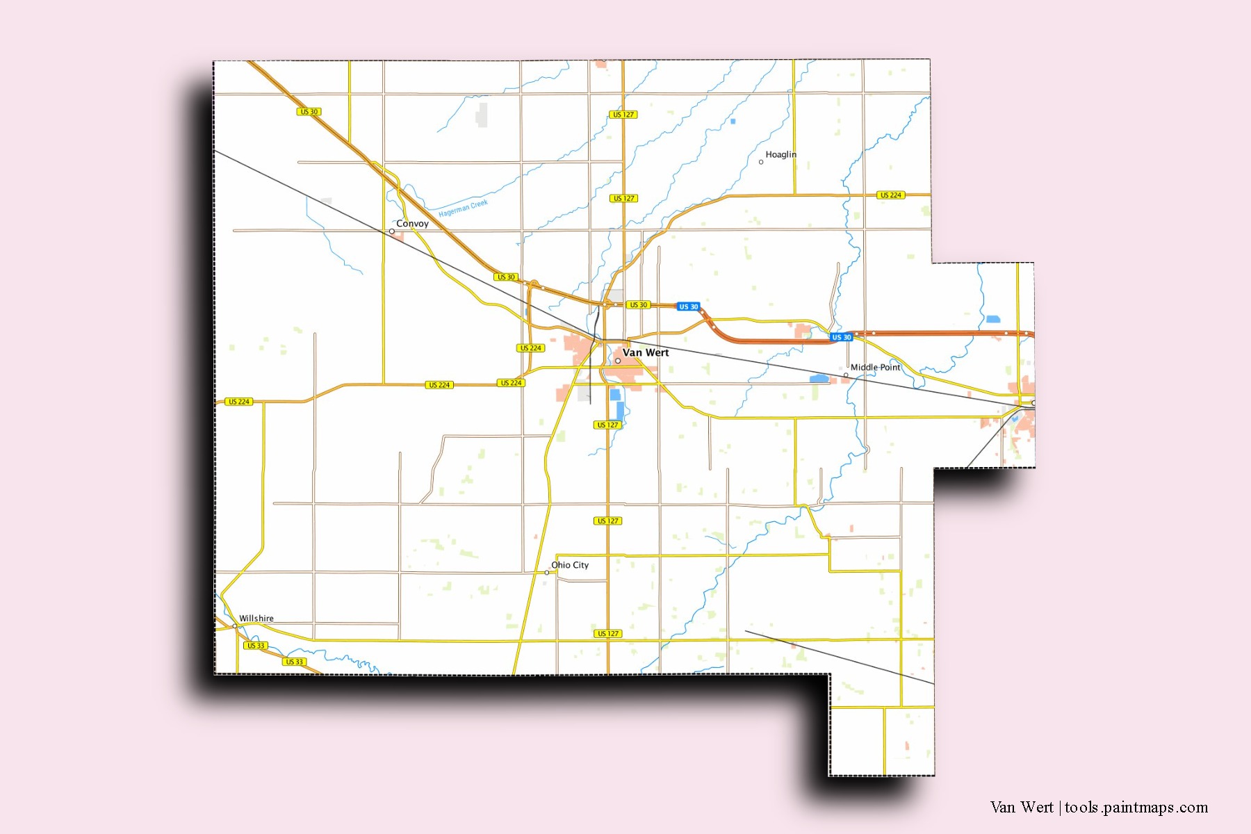 Van Wert neighborhoods and villages map with 3D shadow effect