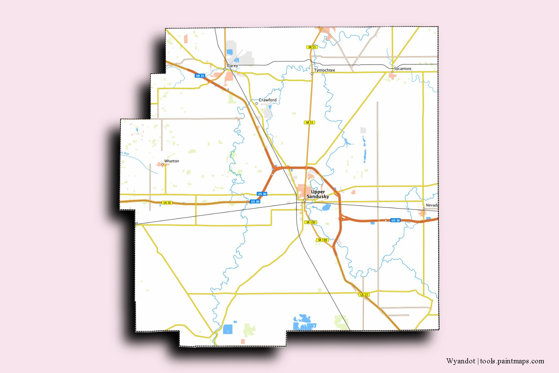 Mapa de barrios y pueblos de Wyandot con efecto de sombra 3D