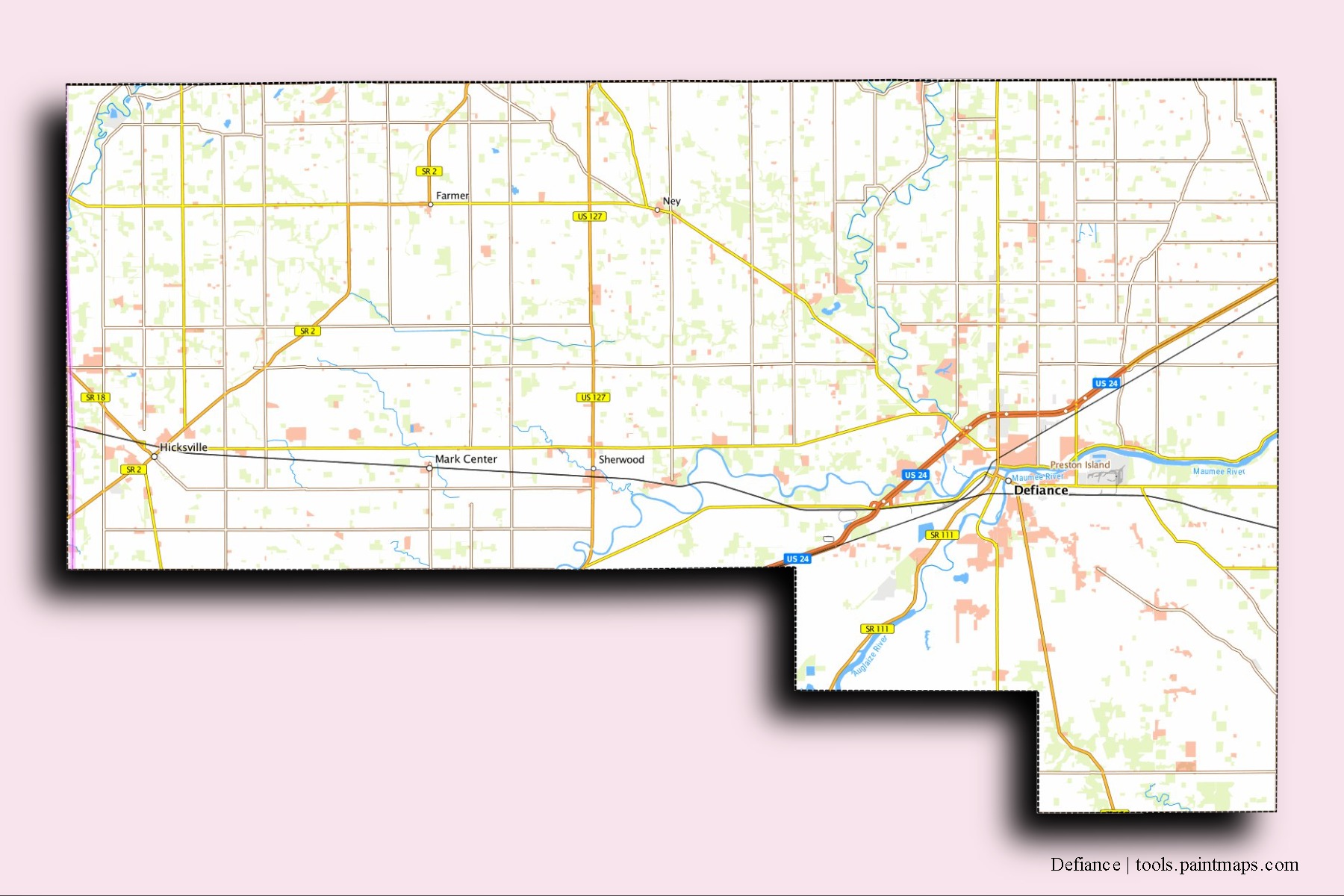 3D gölge efektli Defiance County mahalleleri ve köyleri haritası