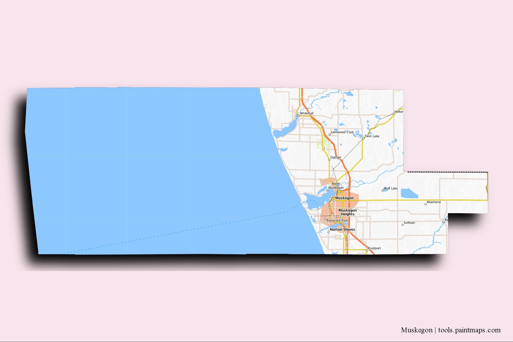 Mapa de barrios y pueblos de Muskegon con efecto de sombra 3D