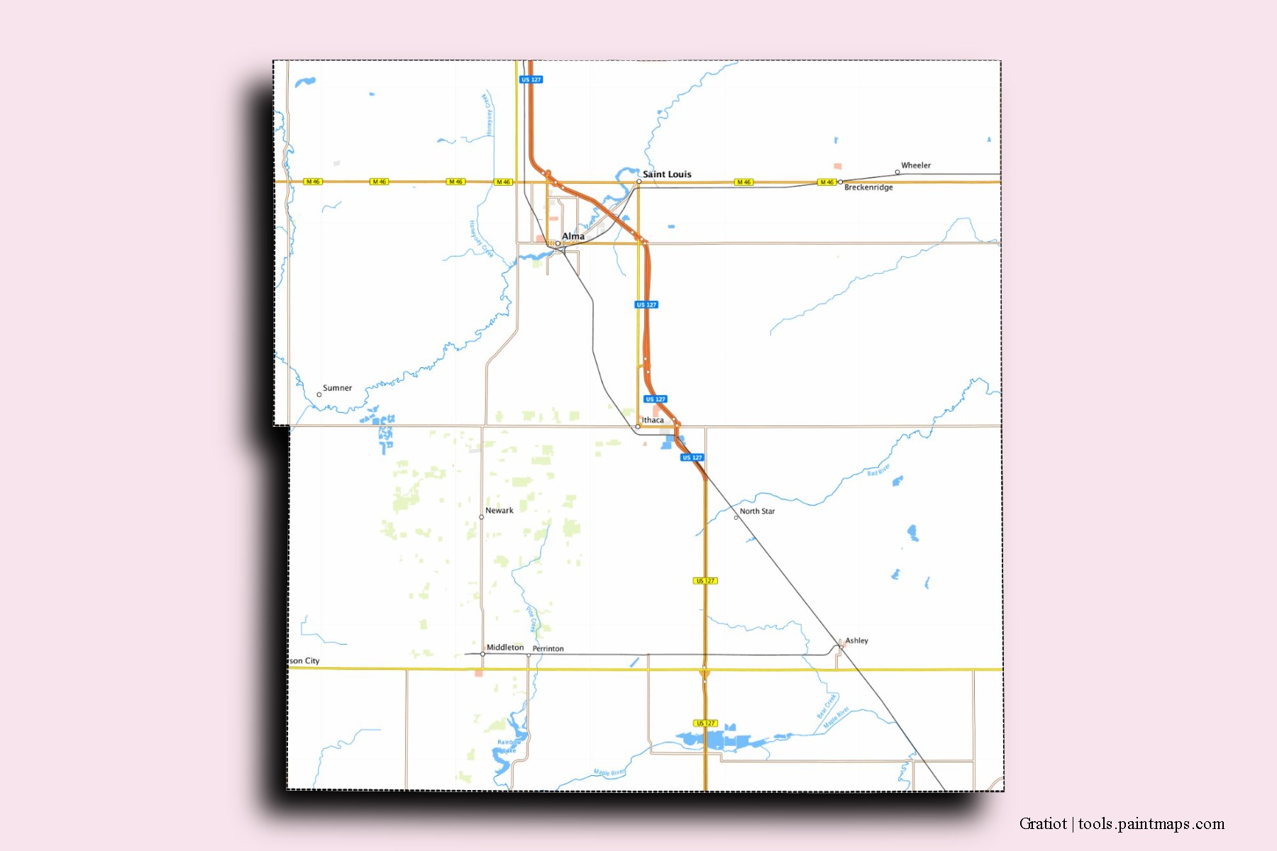 Gratiot neighborhoods and villages map with 3D shadow effect