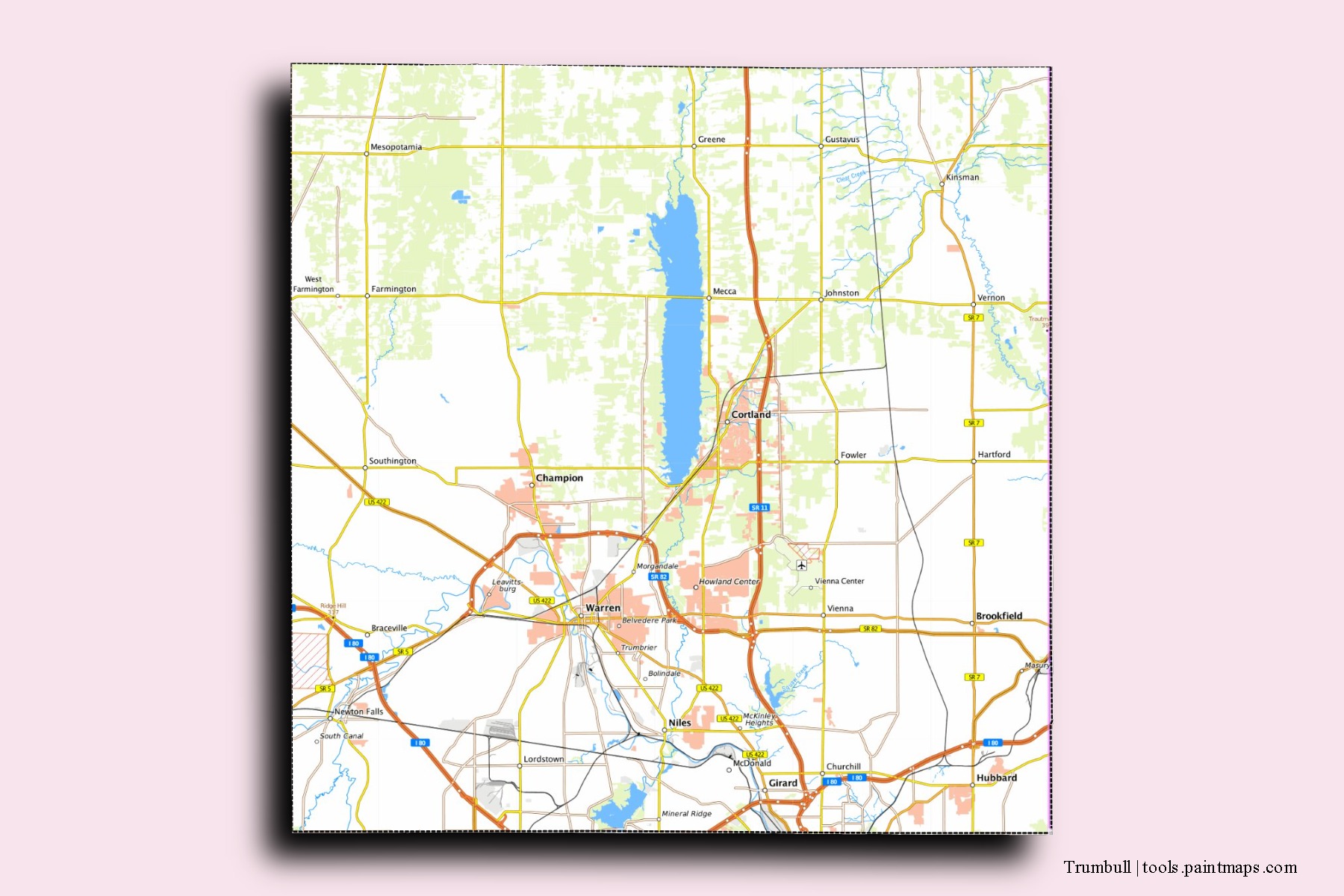 Trumbull neighborhoods and villages map with 3D shadow effect