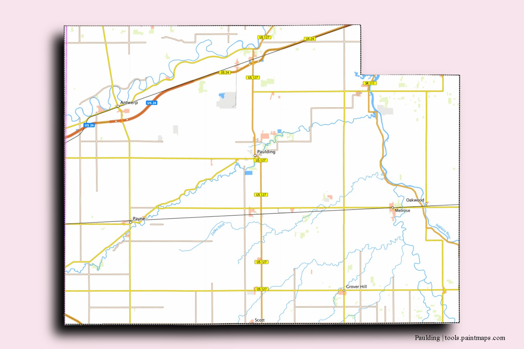 Paulding neighborhoods and villages map with 3D shadow effect