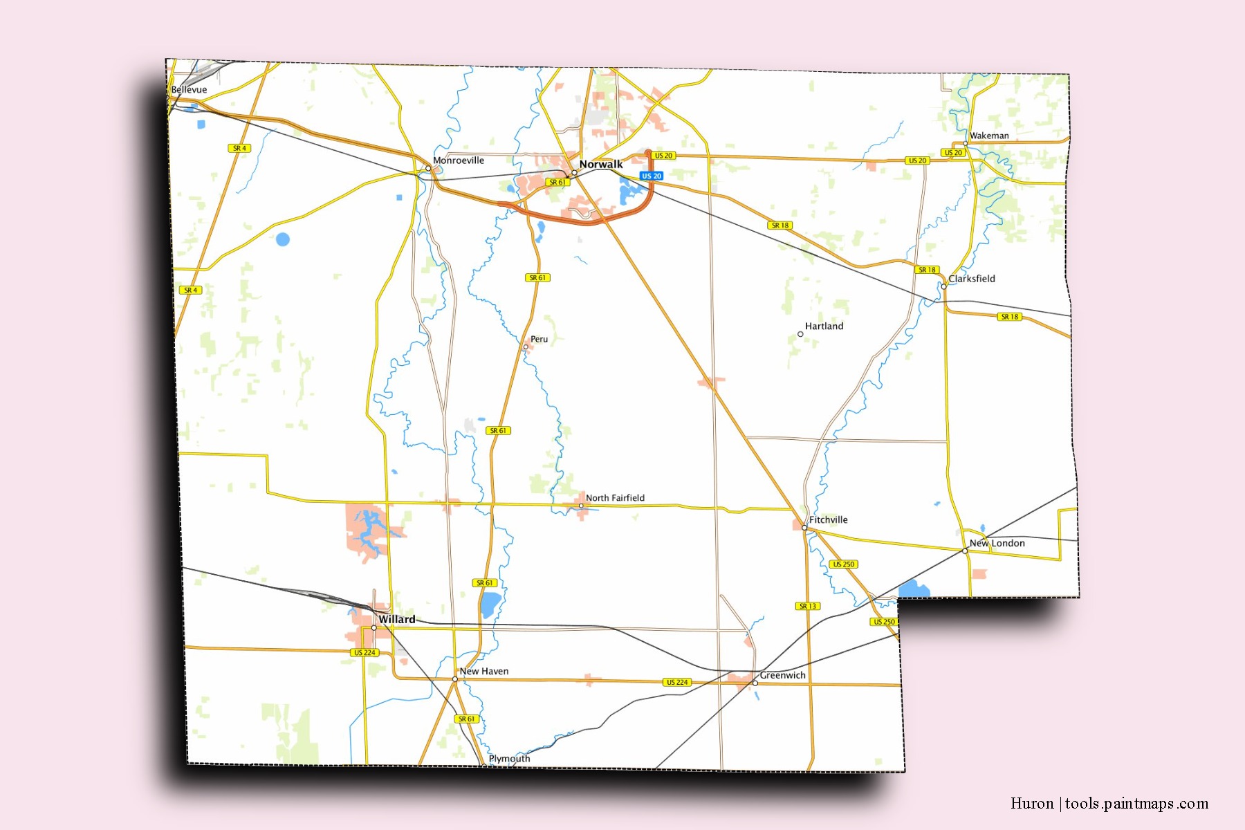 Mapa de barrios y pueblos de Huron con efecto de sombra 3D