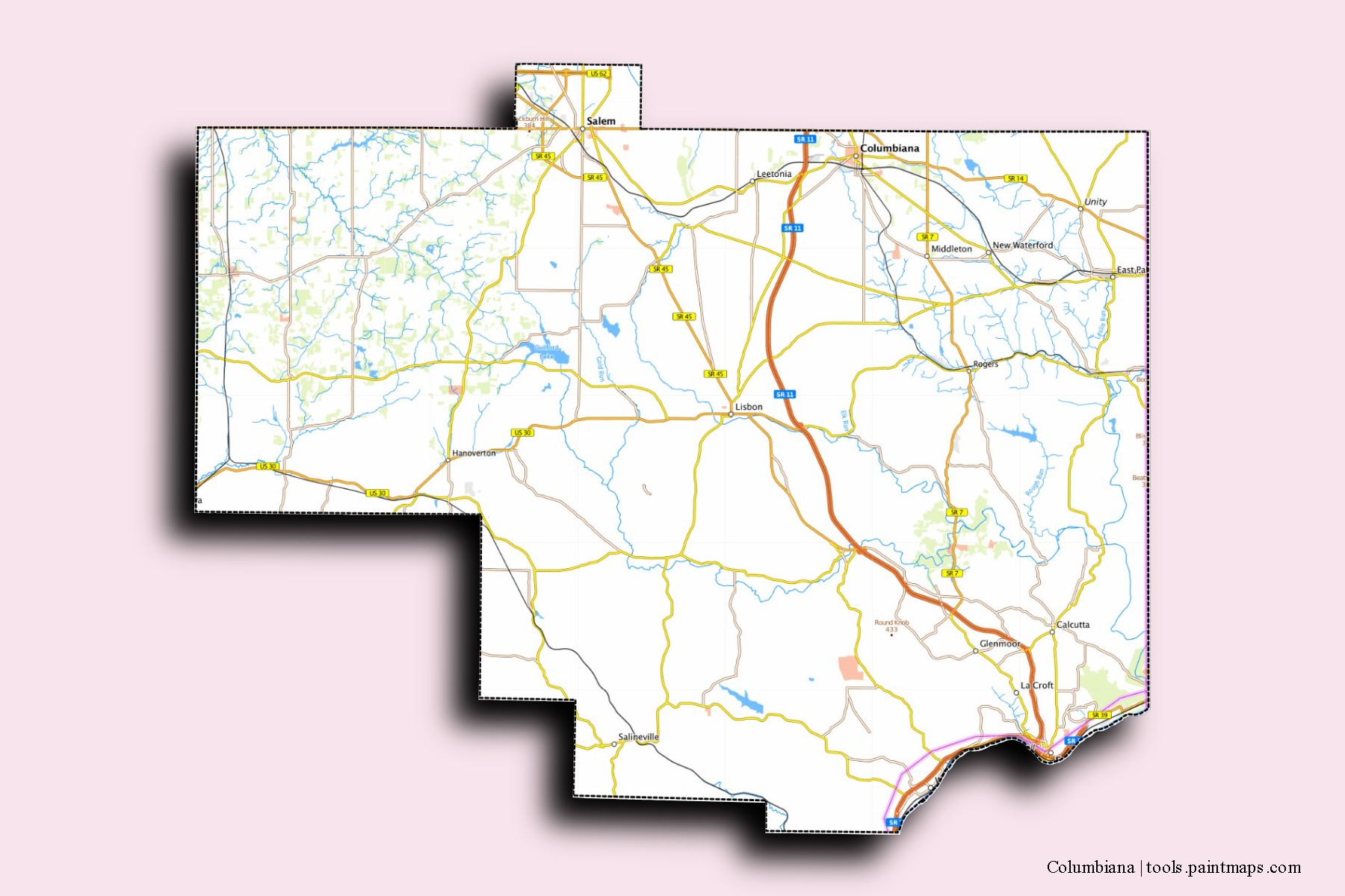 Columbiana neighborhoods and villages map with 3D shadow effect