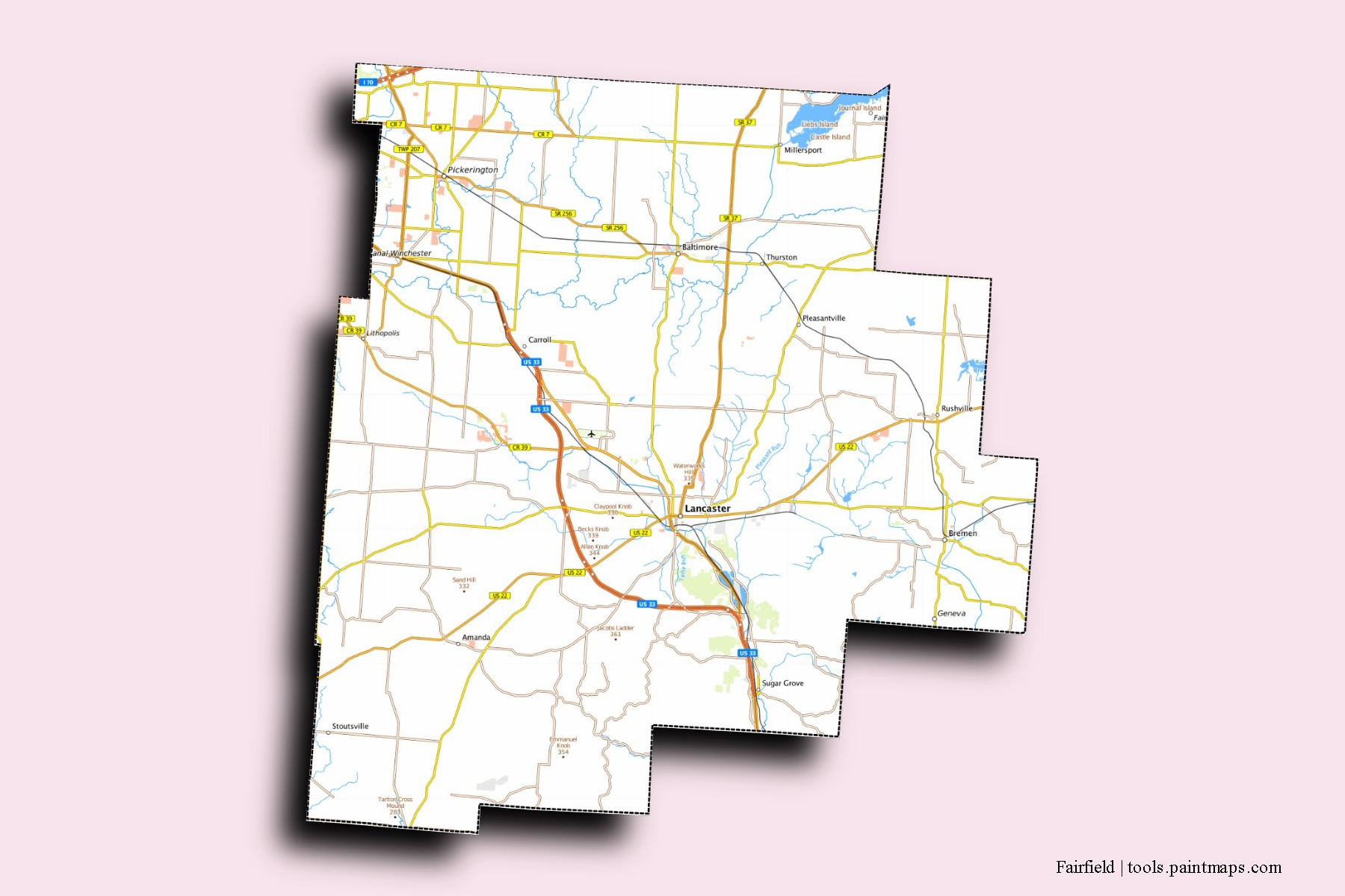 Fairfield neighborhoods and villages map with 3D shadow effect